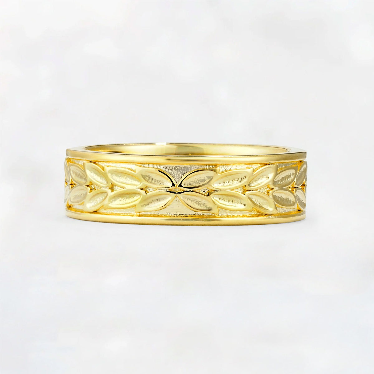 Nature-Inspired Leaf Engraved Emerald Men’s Wedding Band - Additional view