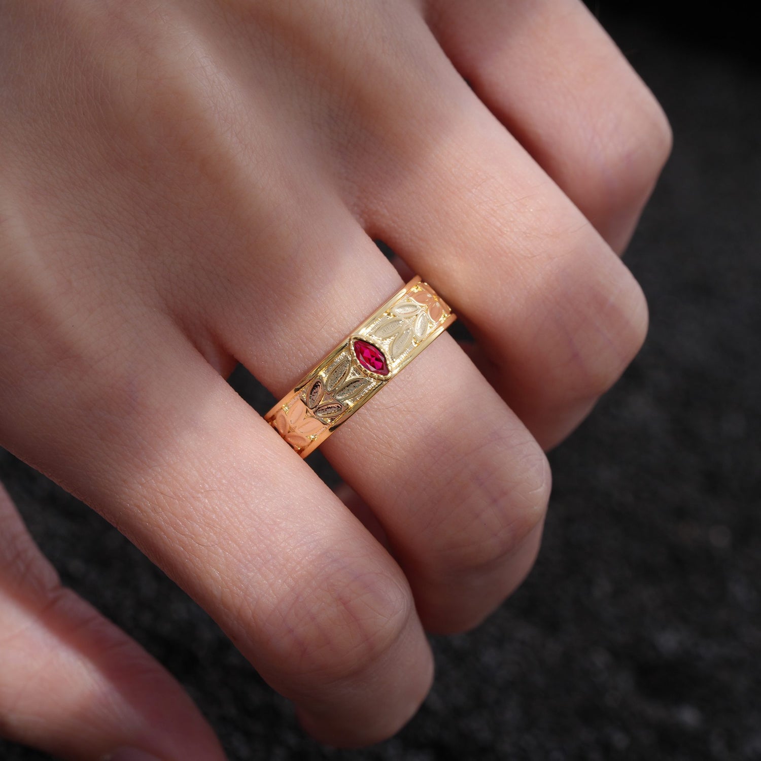 Nature-Inspired Leaf Engraved Ruby Men’s Wedding Band - Additional view