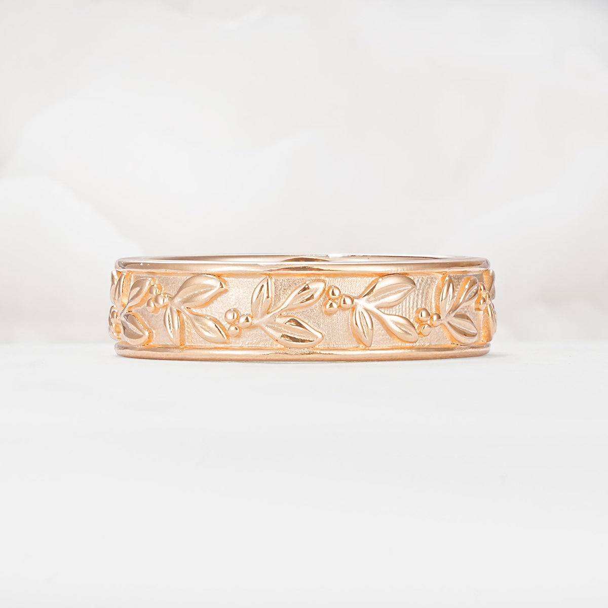 Nature-Inspired Engraved Leaf and Berry Wedding Band - Additional view