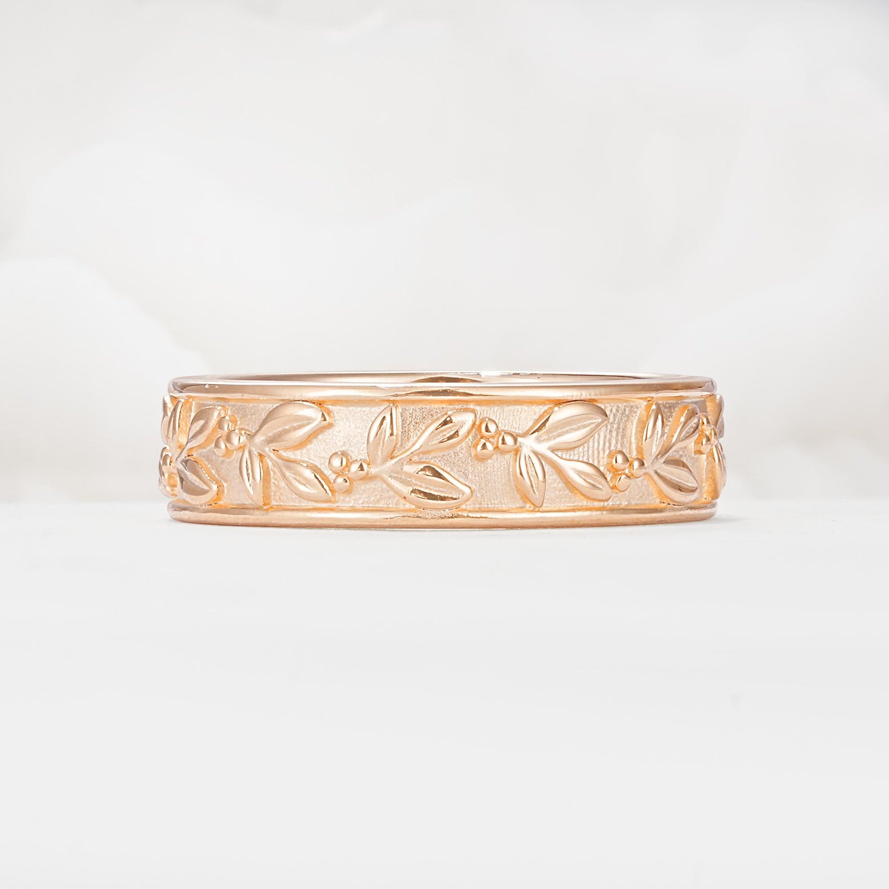 Nature-Inspired Engraved Leaf and Berry Wedding Band - Additional view
