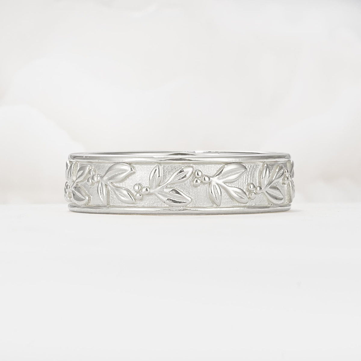 Nature-Inspired Engraved Leaf and Berry Wedding Band - Additional view