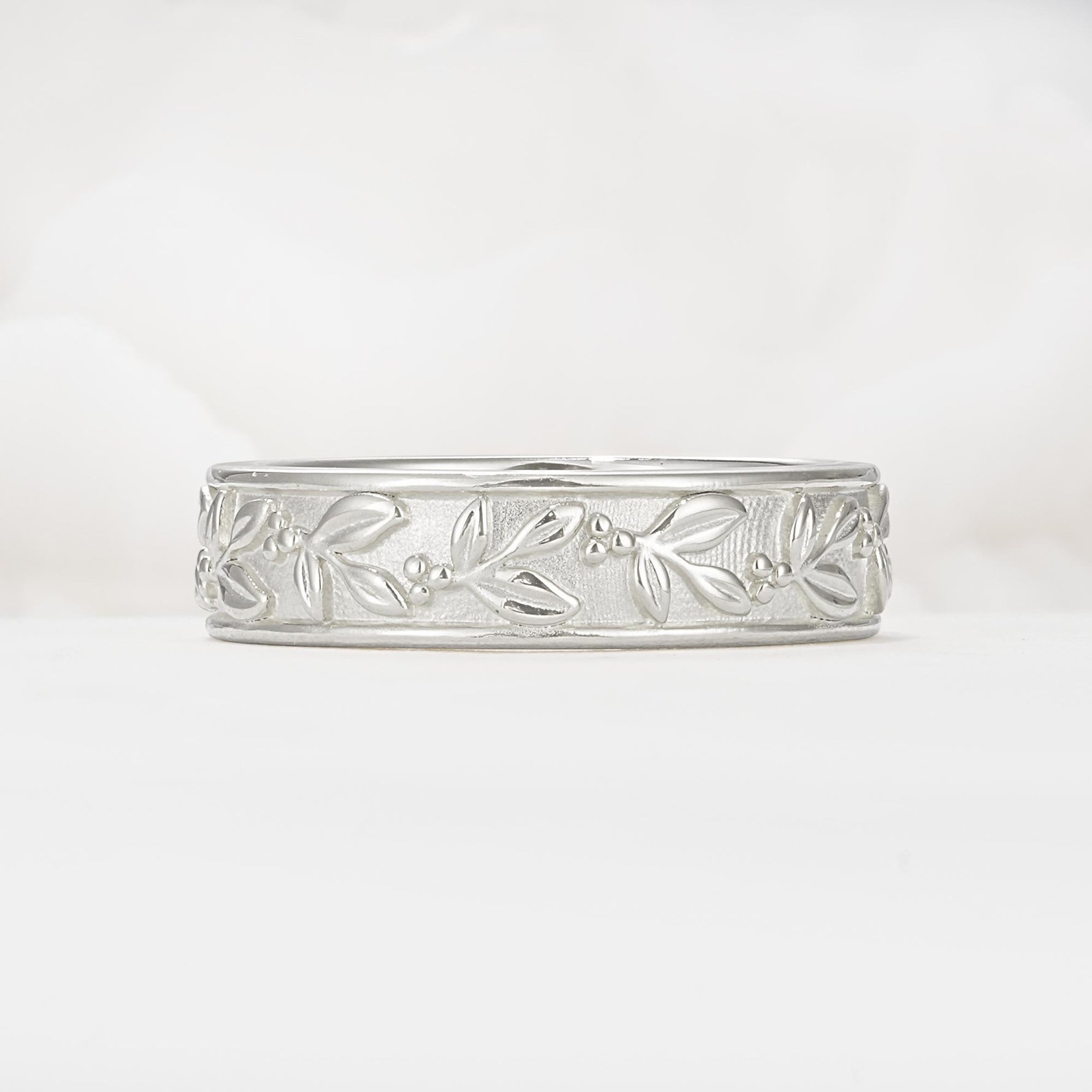 Nature-Inspired Engraved Leaf and Berry Wedding Band - Additional view