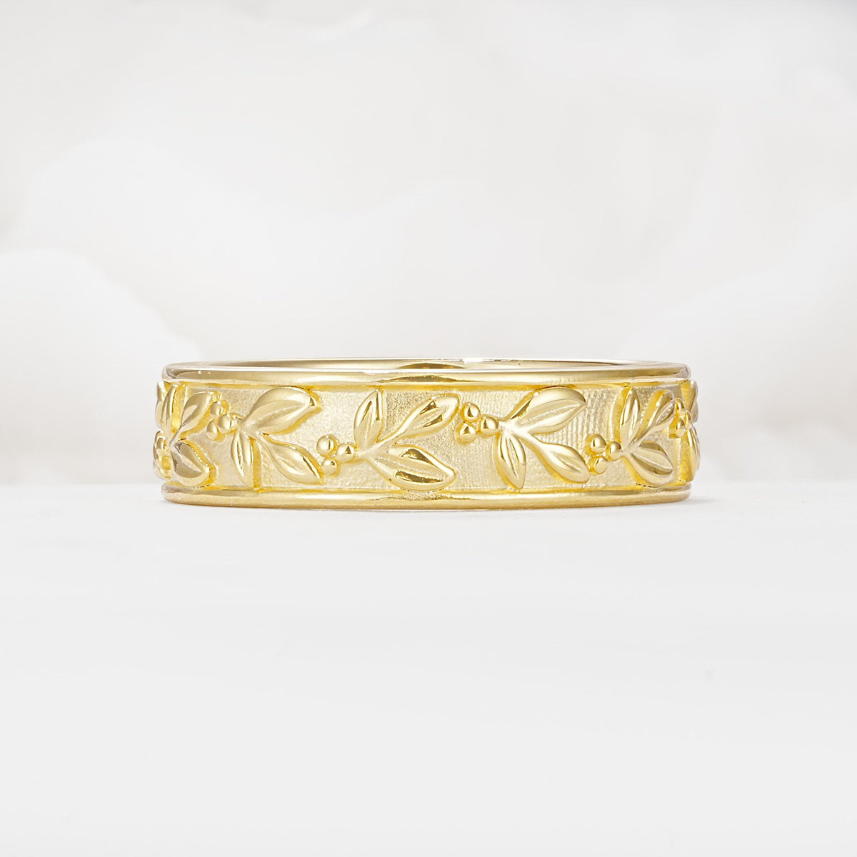 Nature-Inspired Engraved Leaf and Berry Wedding Band - Additional view