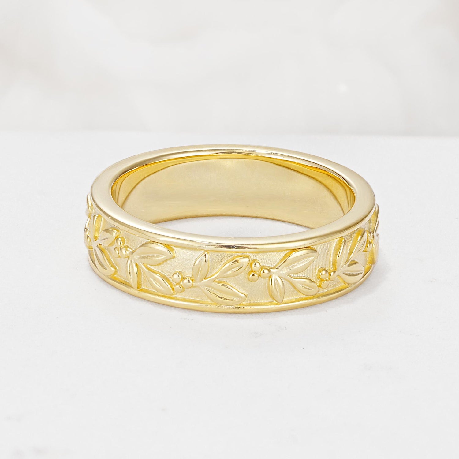 Nature-Inspired Engraved Leaf and Berry Wedding Band - Additional view