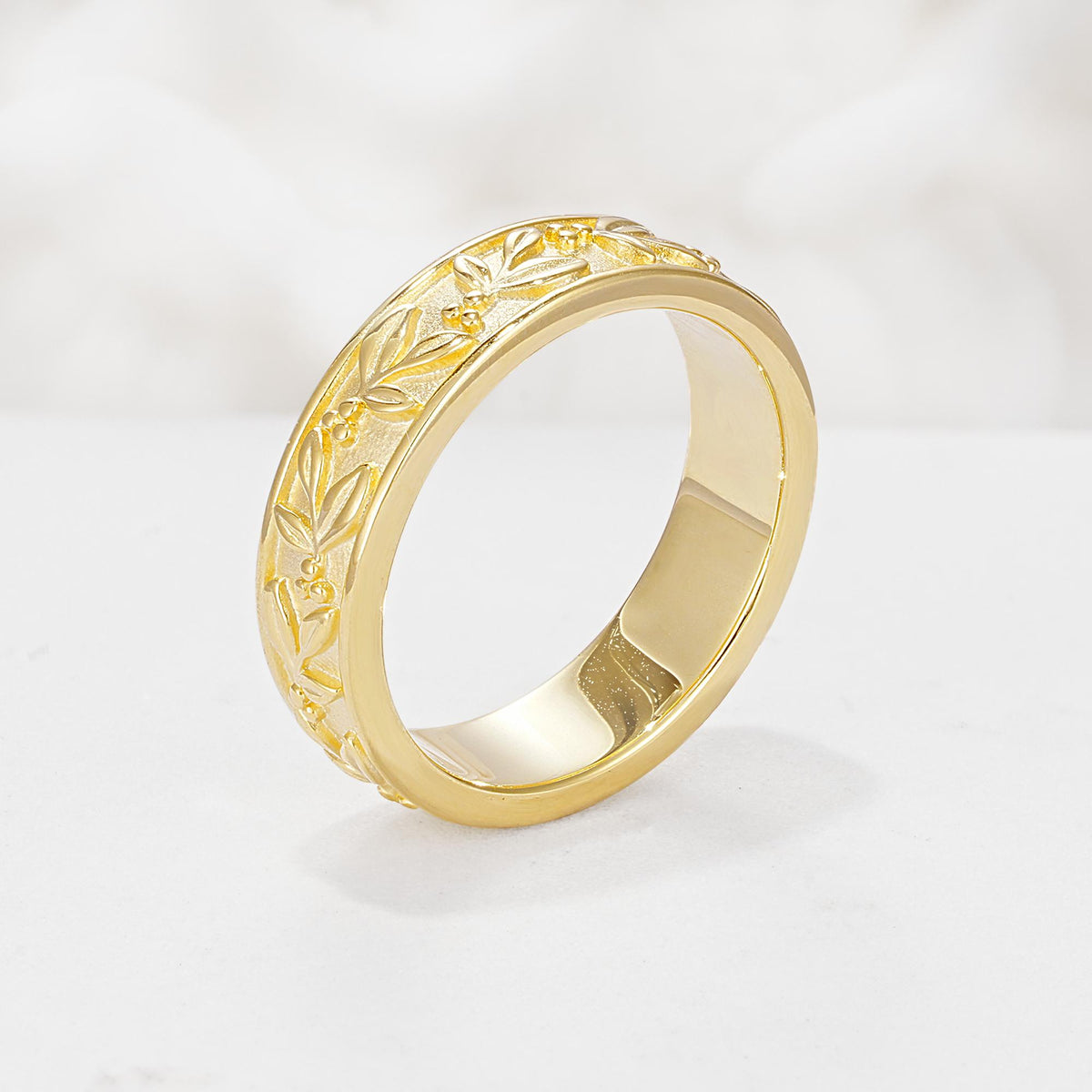 Nature-Inspired Engraved Leaf and Berry Wedding Band - Additional view