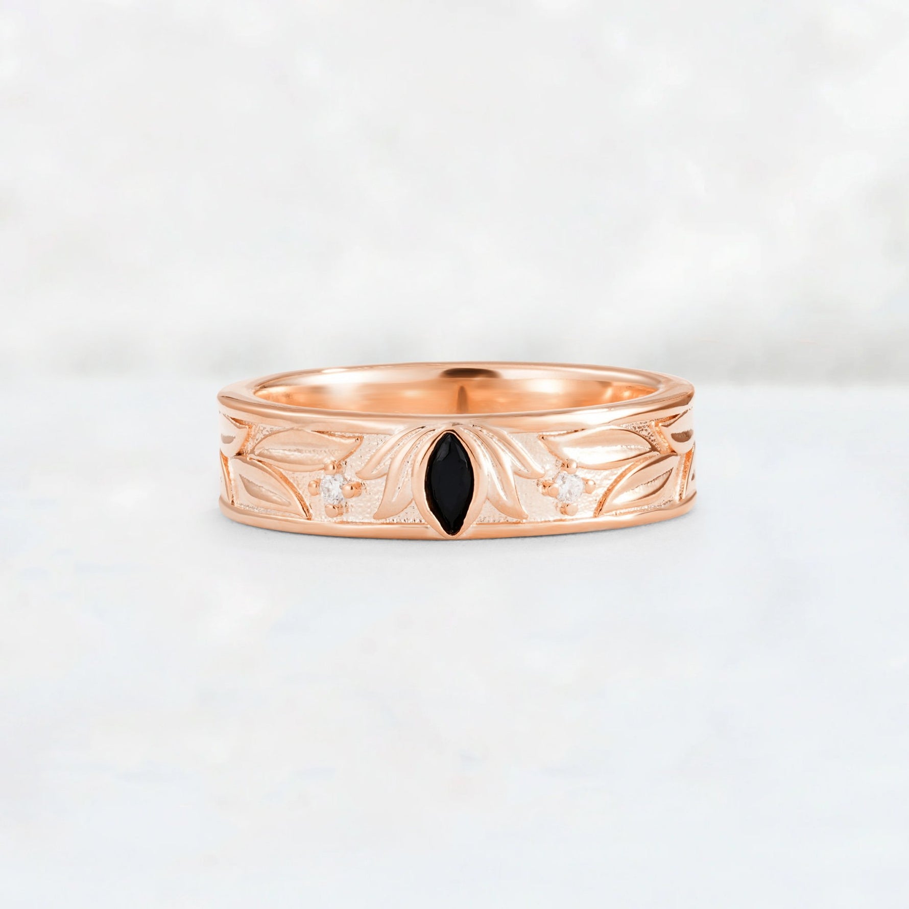 Marquise Cut Moissanite Leaf Engraved Men’s Wedding Band - Additional view