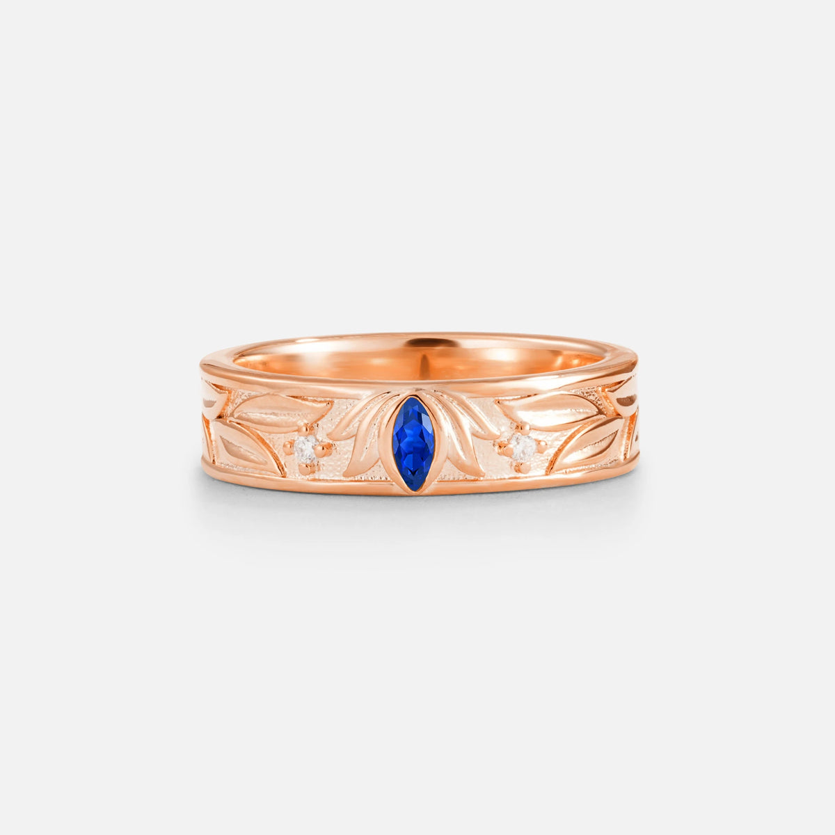 Marquise Cut Sapphire Leaf Engraved Men’s Wedding Band - Additional view