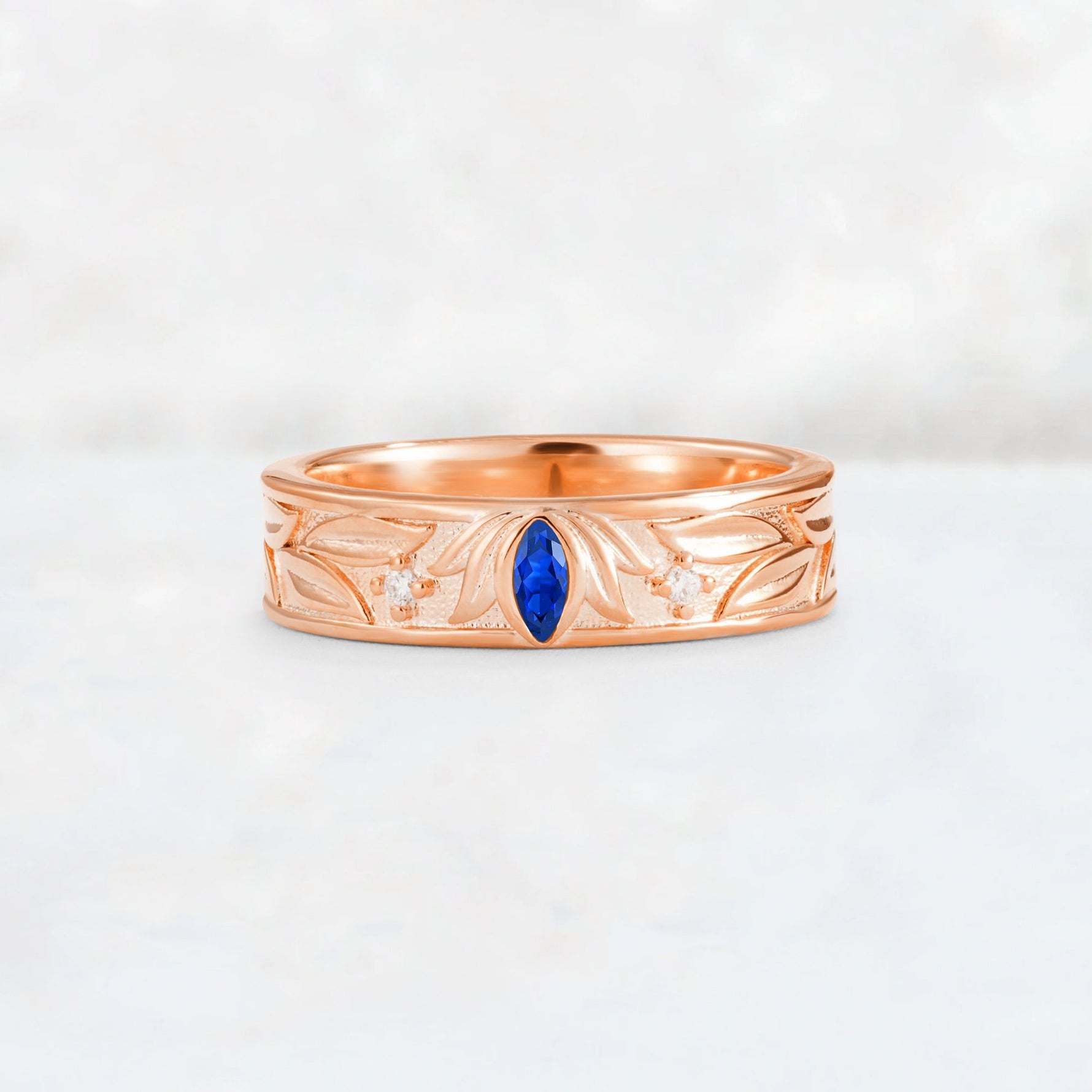 Marquise Cut Sapphire Leaf Engraved Men’s Wedding Band - Additional view