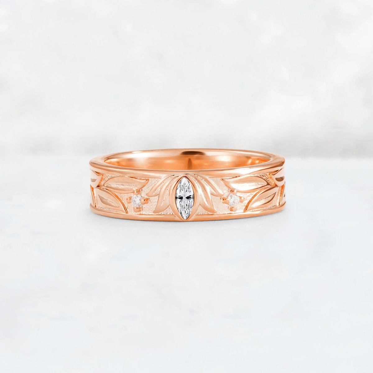 Marquise Cut Lab Diamond Leaf Engraved Men’s Wedding Band - Additional view