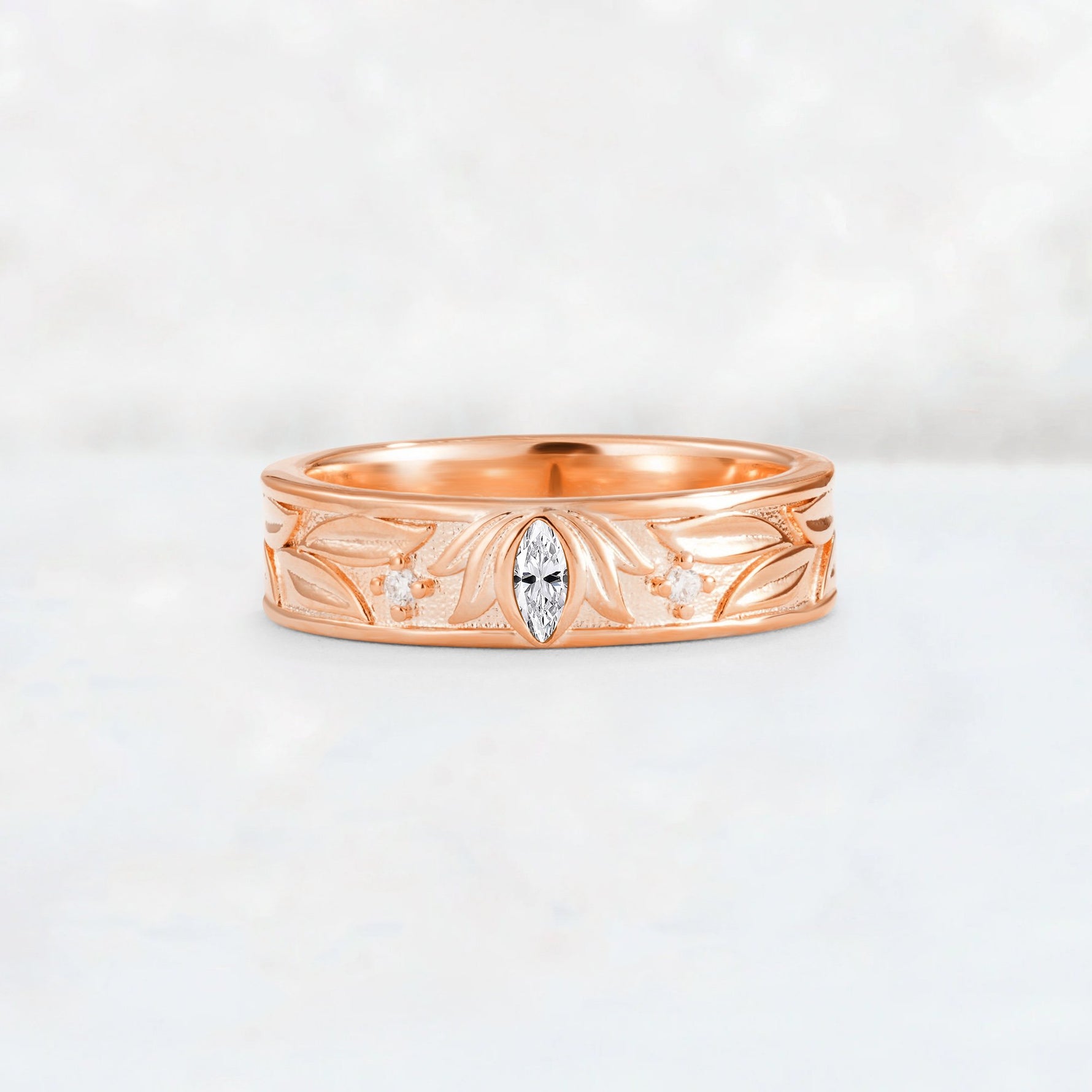 Marquise Cut Lab Diamond Leaf Engraved Men’s Wedding Band - Additional view