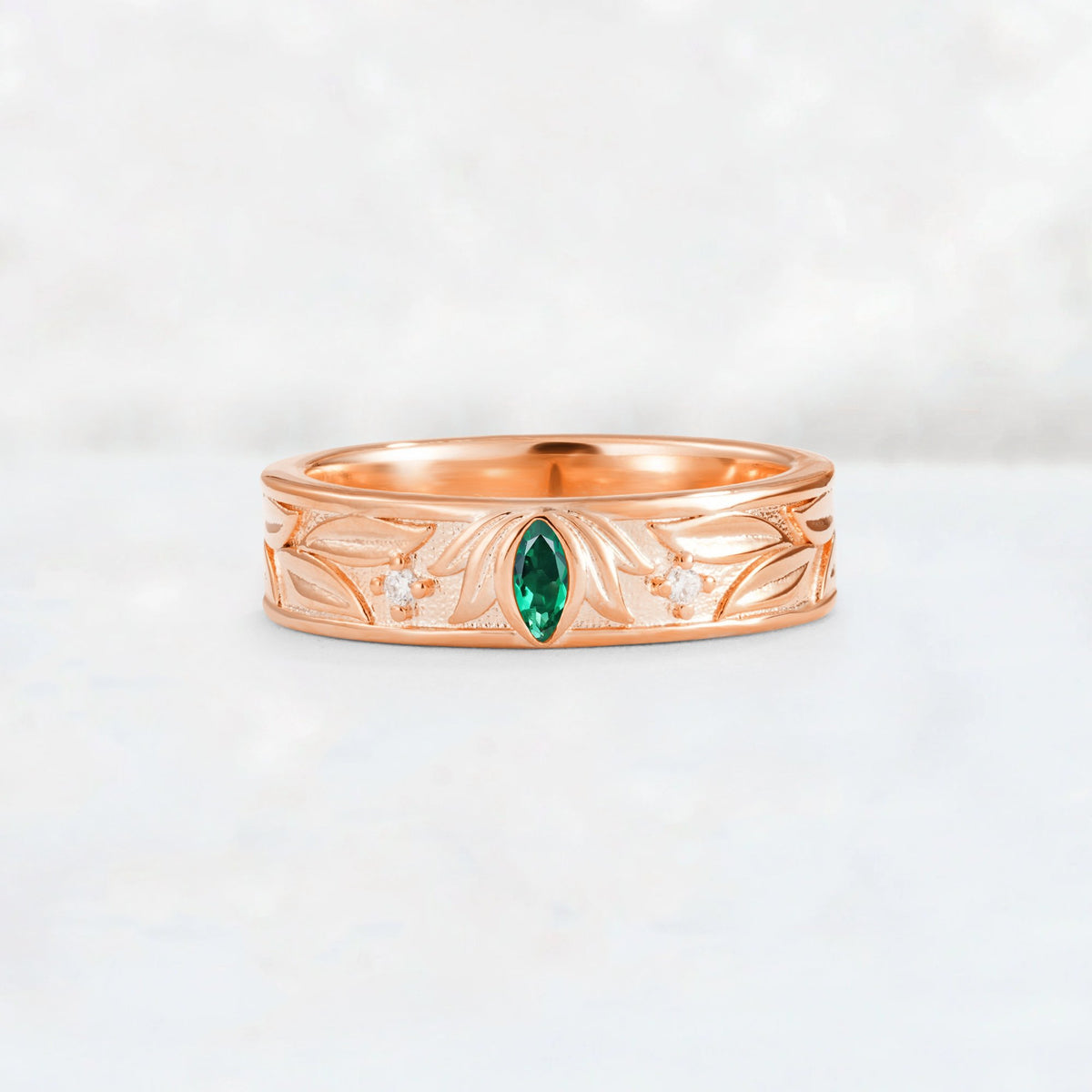 Marquise Cut Emerald Leaf Engraved Men’s Wedding Band - Additional view