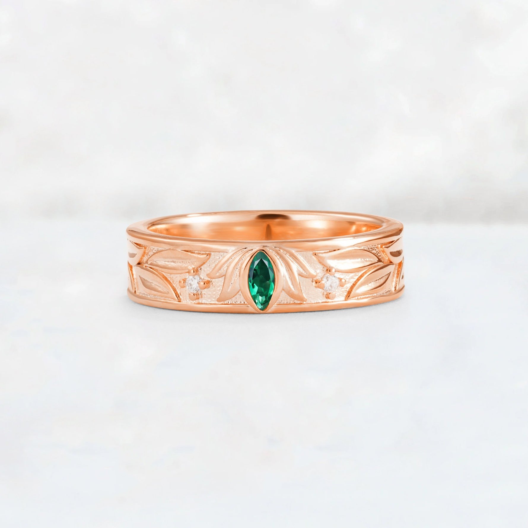 Marquise Cut Emerald Leaf Engraved Men’s Wedding Band - Additional view