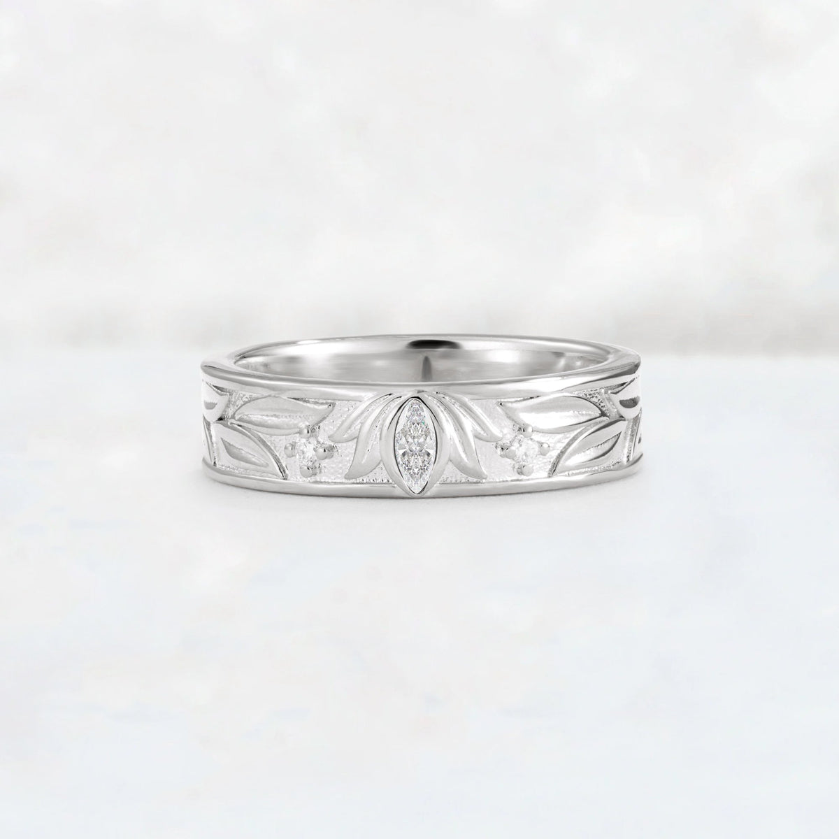 Marquise Cut Moissanite Leaf Engraved Men’s Wedding Band - Additional view