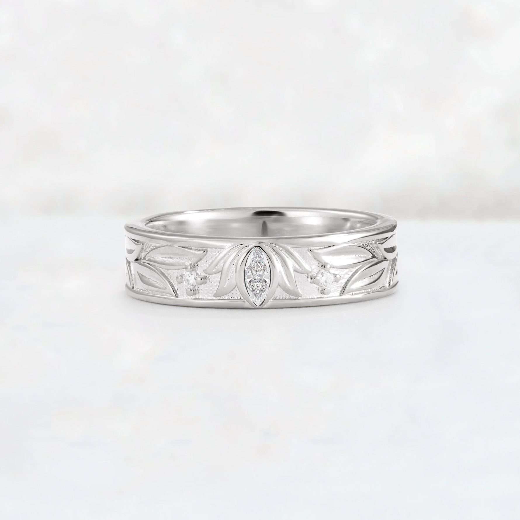 Marquise Cut Moissanite Leaf Engraved Men’s Wedding Band - Additional view