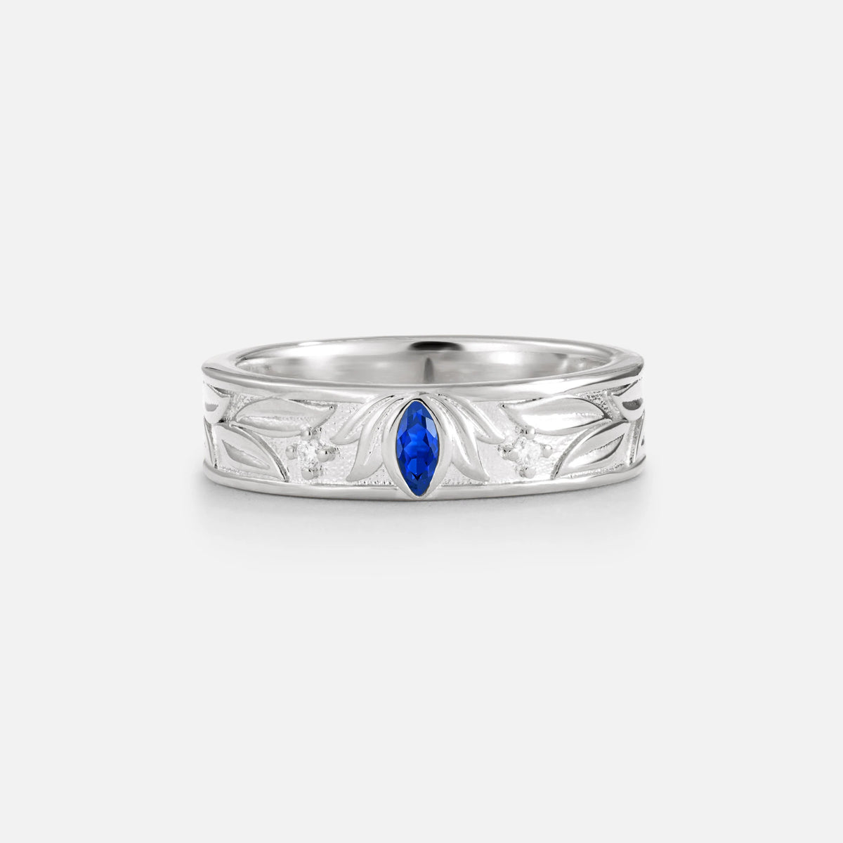 Marquise Cut Sapphire Leaf Engraved Men’s Wedding Band - Additional view