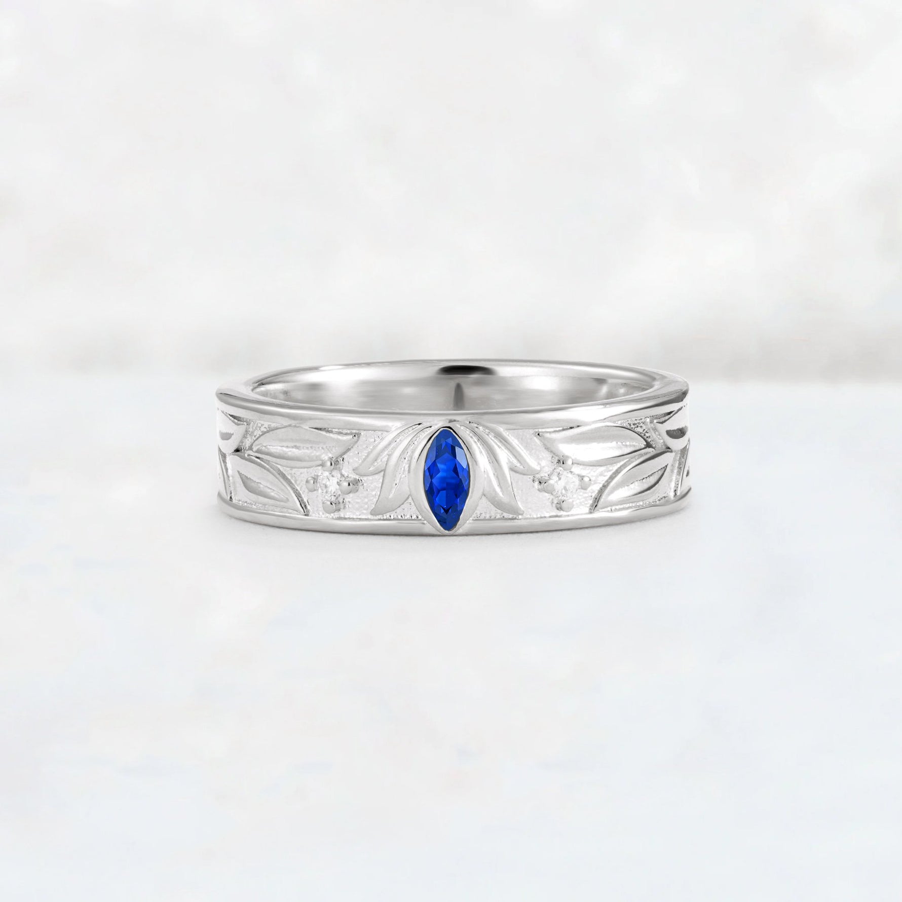 Marquise Cut Sapphire Leaf Engraved Men’s Wedding Band - Additional view