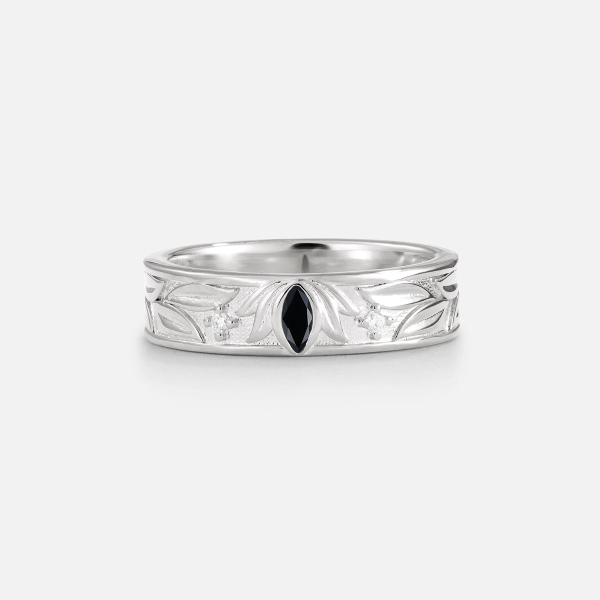 Marquise Cut Black Onyx Leaf Engraved Men’s Wedding Band - Additional view