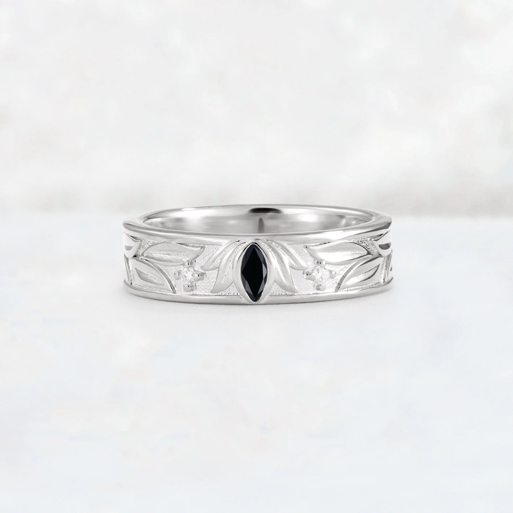 Marquise Cut Black Onyx Leaf Engraved Men’s Wedding Band - Additional view
