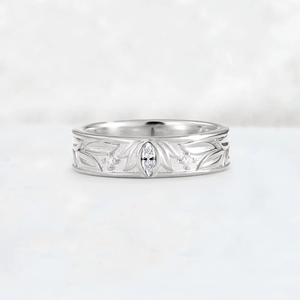 Marquise Cut Lab Diamond Leaf Engraved Men’s Wedding Band - Additional view