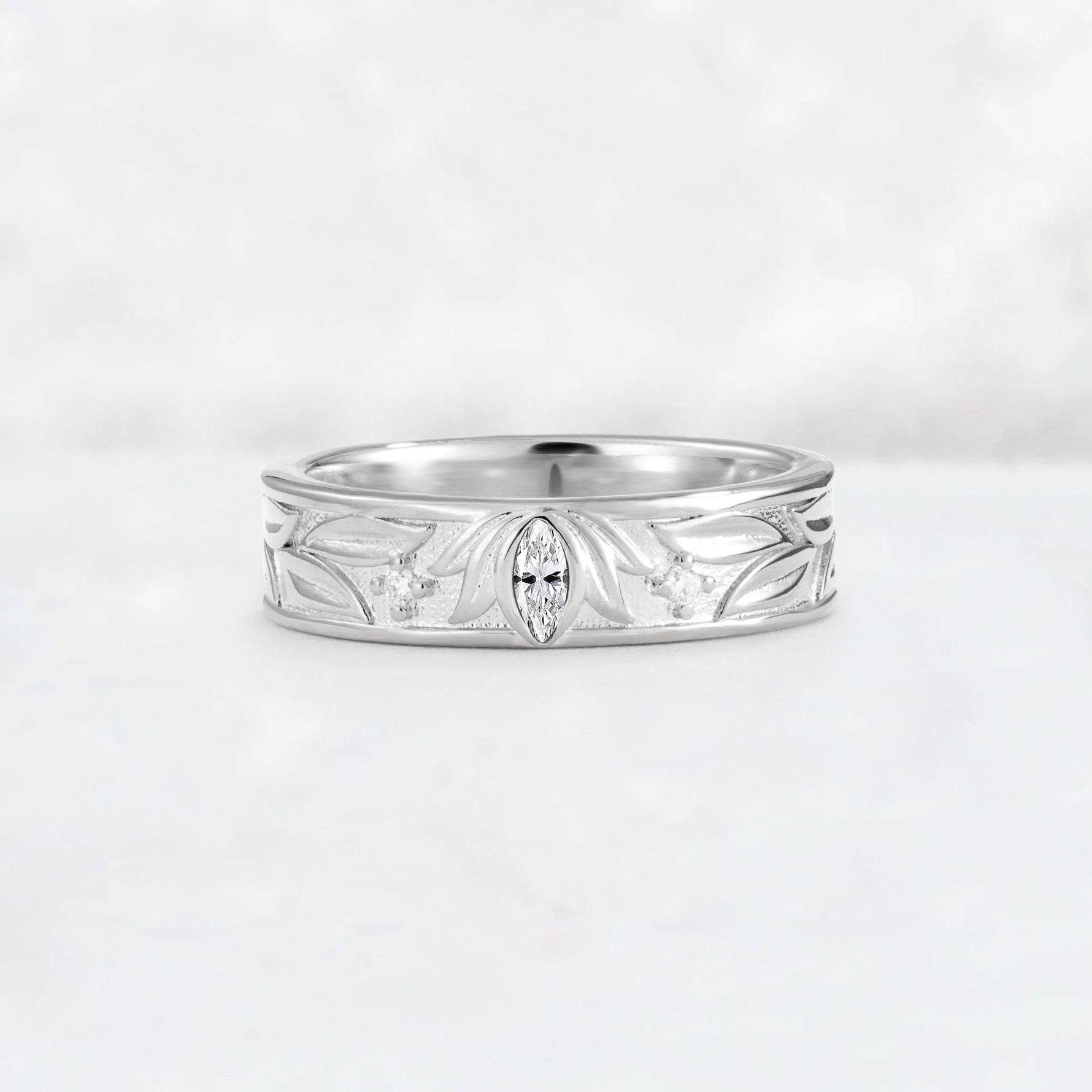 Marquise Cut Lab Diamond Leaf Engraved Men’s Wedding Band - Additional view