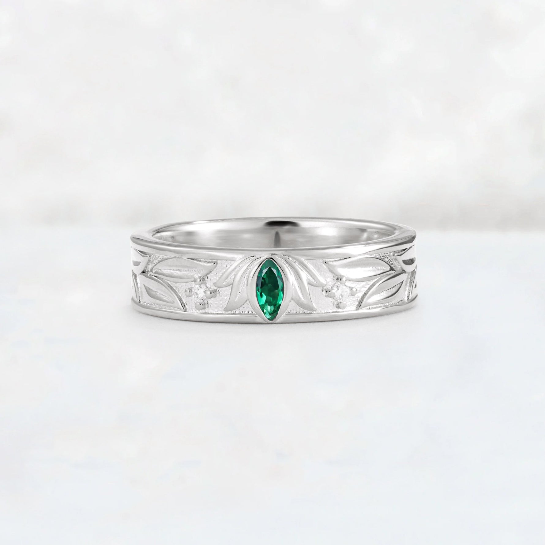 Marquise Cut Emerald Leaf Engraved Men’s Wedding Band - Additional view