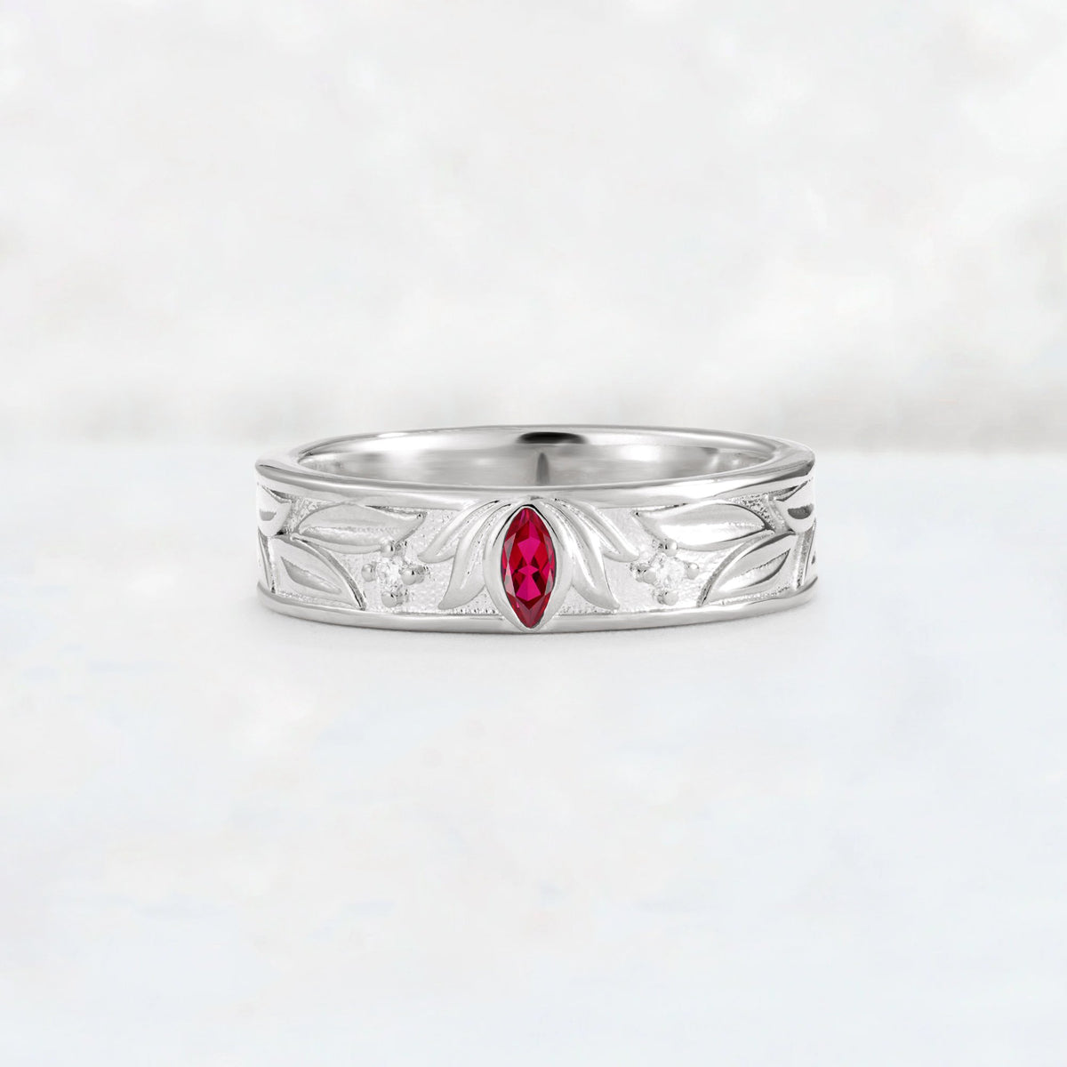 Marquise Cut Ruby Leaf Engraved Men’s Wedding Band - Additional view