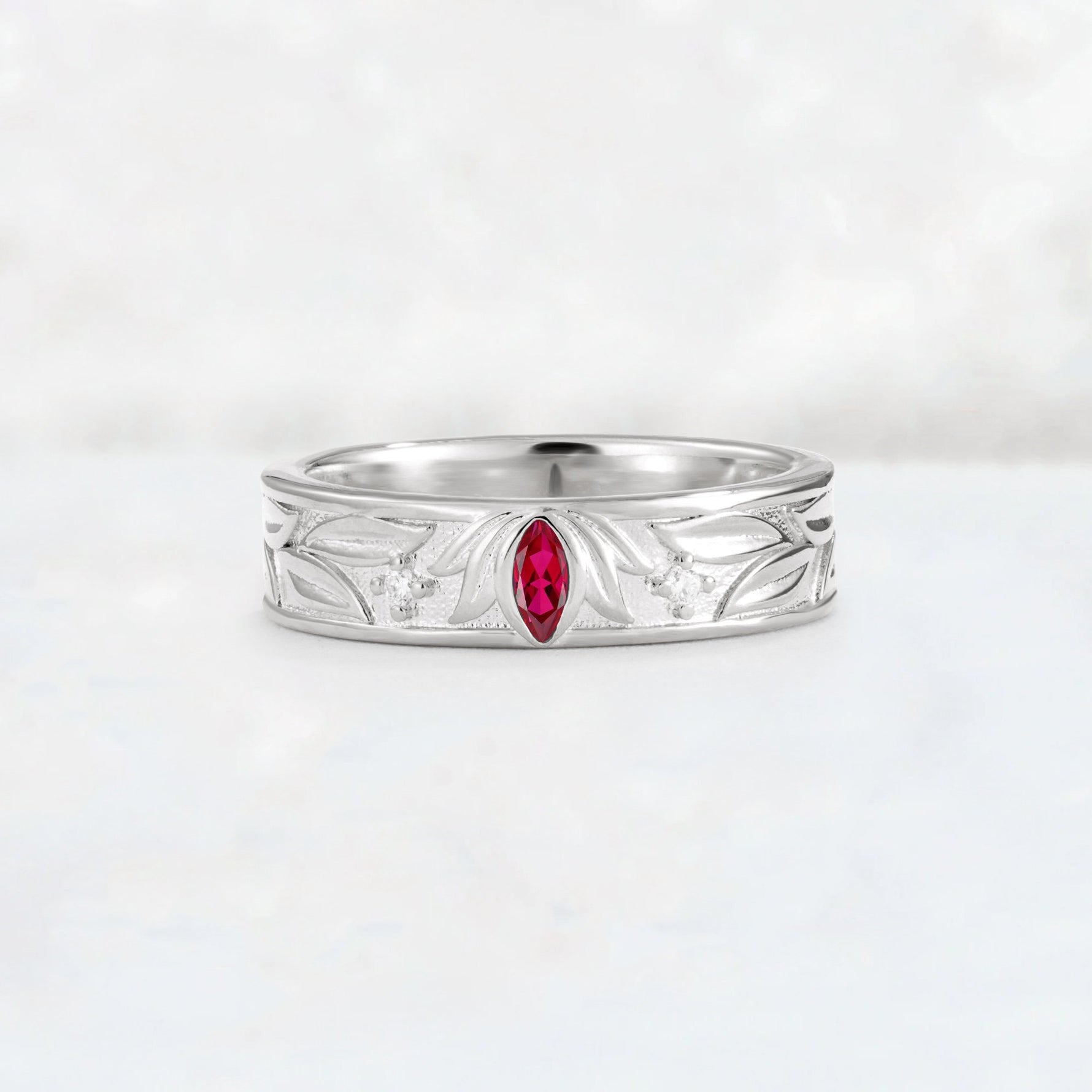 Marquise Cut Ruby Leaf Engraved Men’s Wedding Band - Additional view
