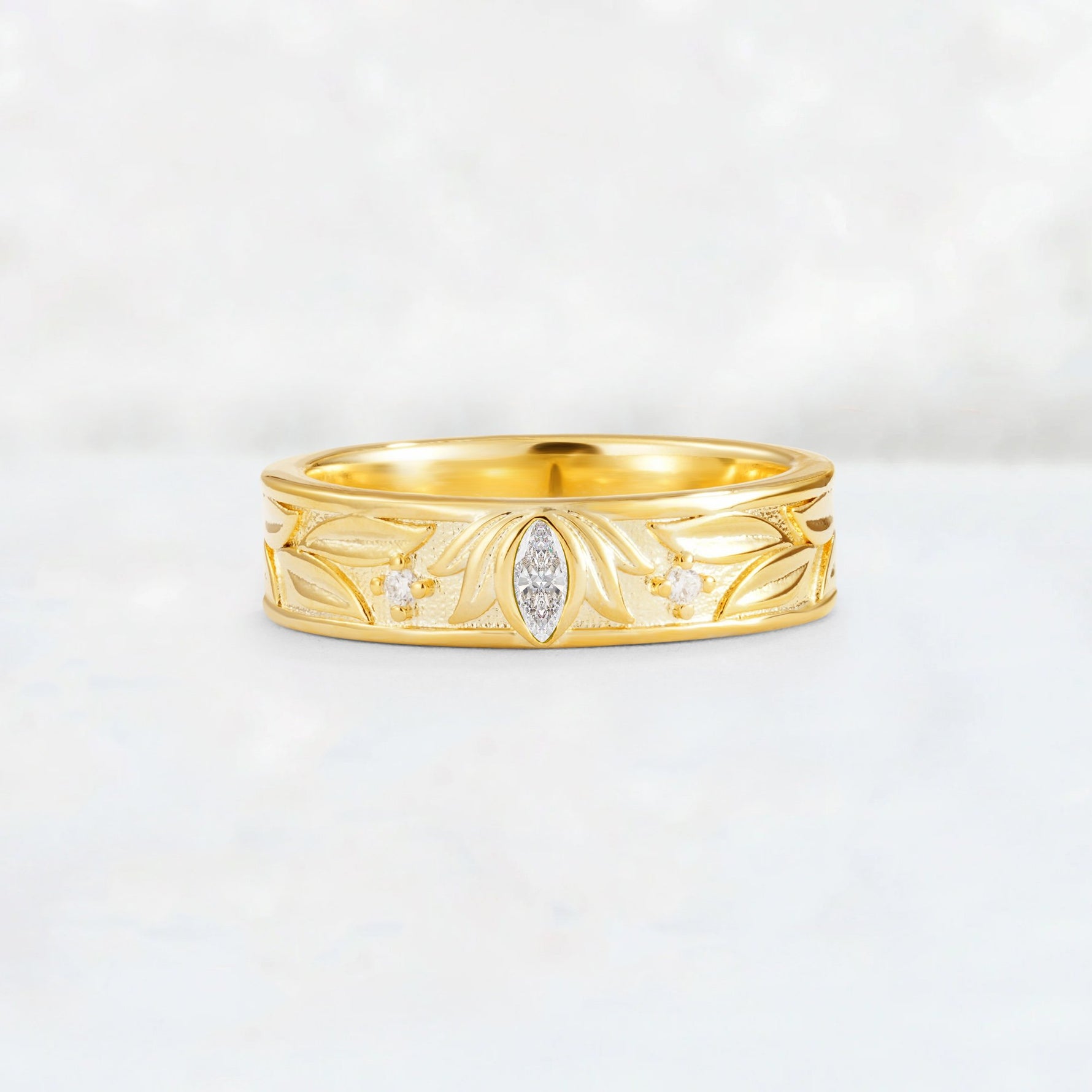 Marquise Cut Moissanite Leaf Engraved Men’s Wedding Band - Additional view