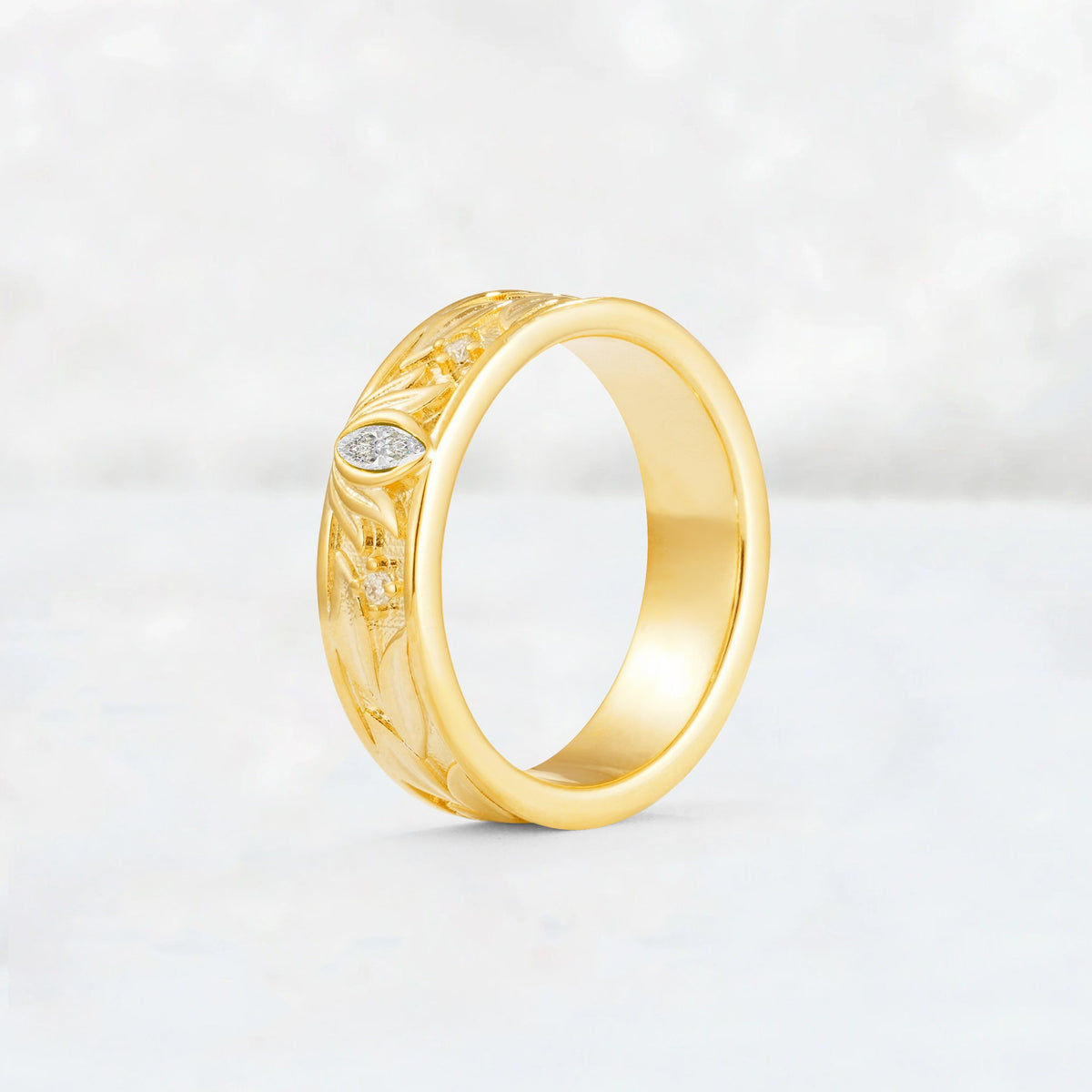 Marquise Cut Moissanite Leaf Engraved Men’s Wedding Band - Additional view