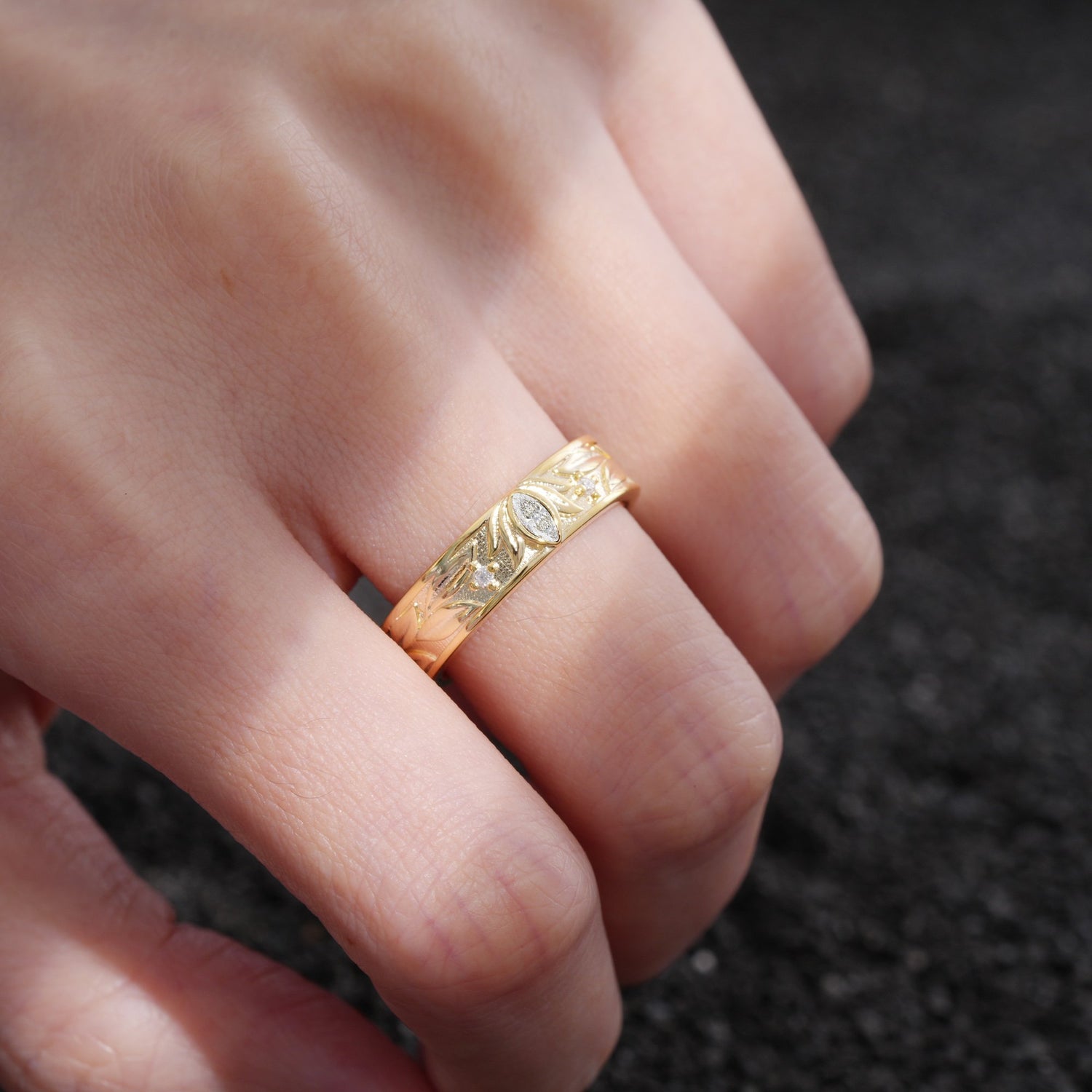 Marquise Cut Moissanite Leaf Engraved Men’s Wedding Band - Additional view