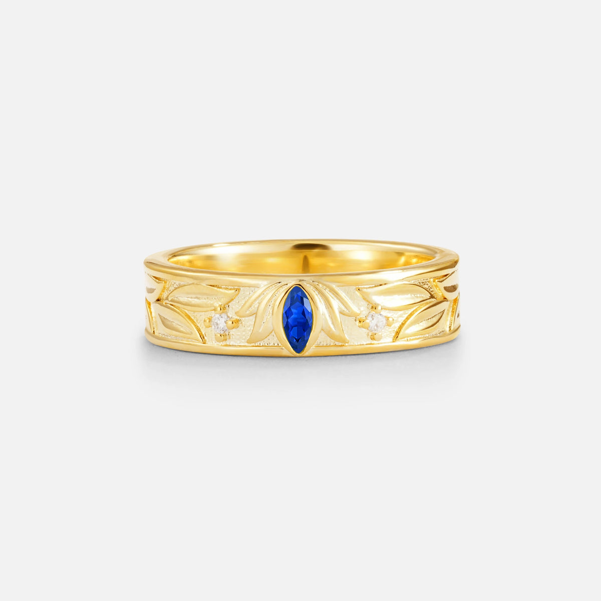 Marquise Cut Sapphire Leaf Engraved Men’s Wedding Band - Additional view
