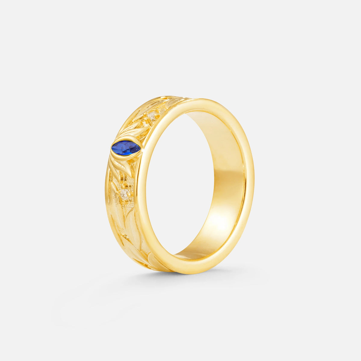 Marquise Cut Sapphire Leaf Engraved Men’s Wedding Band - Additional view