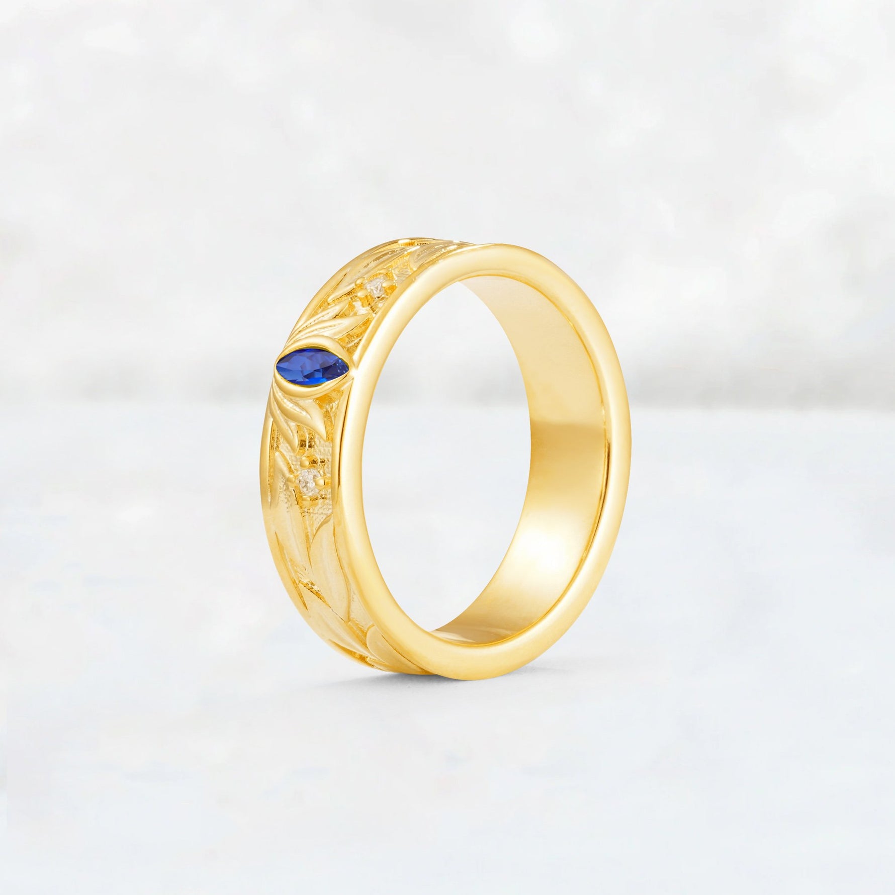 Marquise Cut Sapphire Leaf Engraved Men’s Wedding Band - Additional view