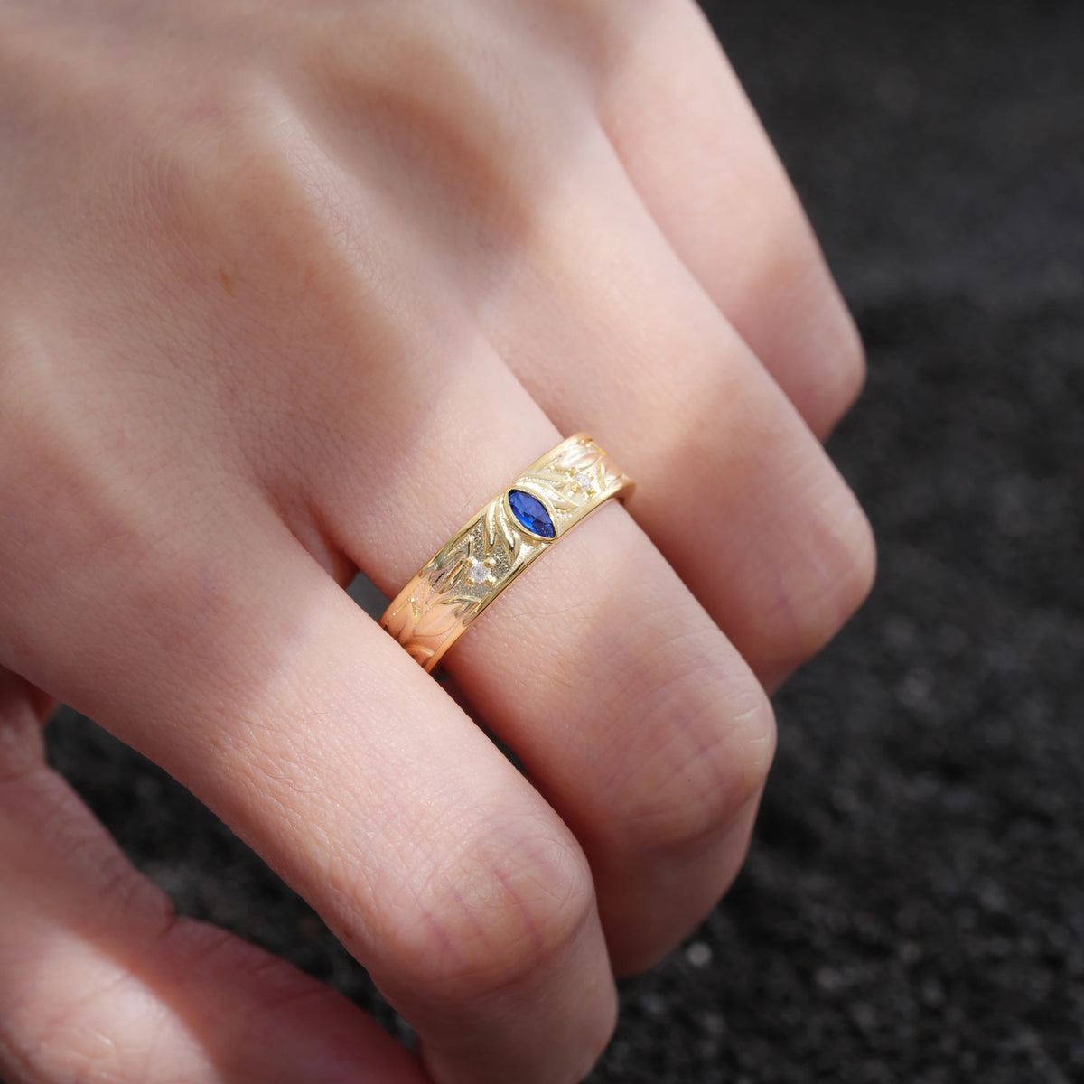 Marquise Cut Sapphire Leaf Engraved Men’s Wedding Band - Additional view