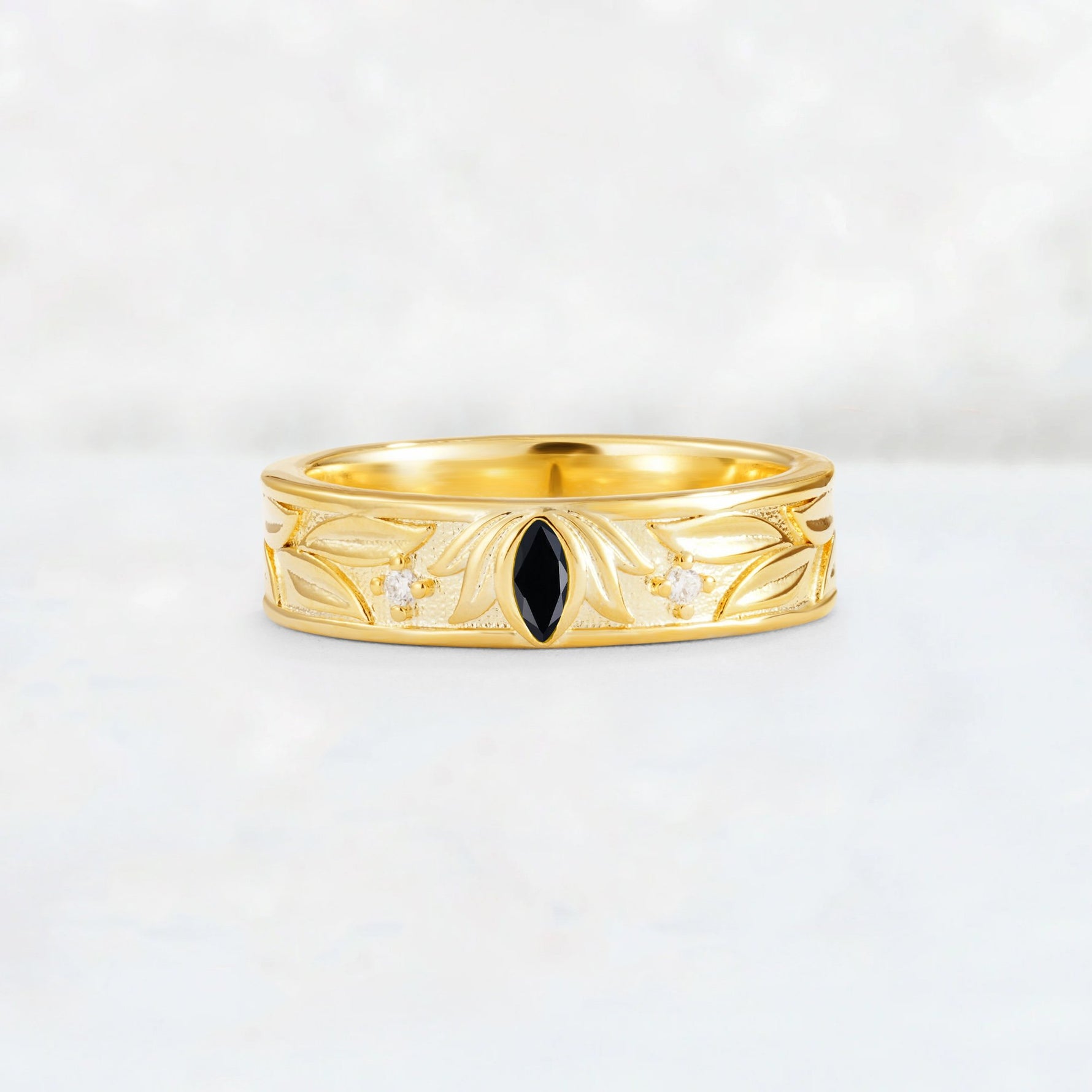Marquise Cut Black Onyx Leaf Engraved Men’s Wedding Band - Additional view