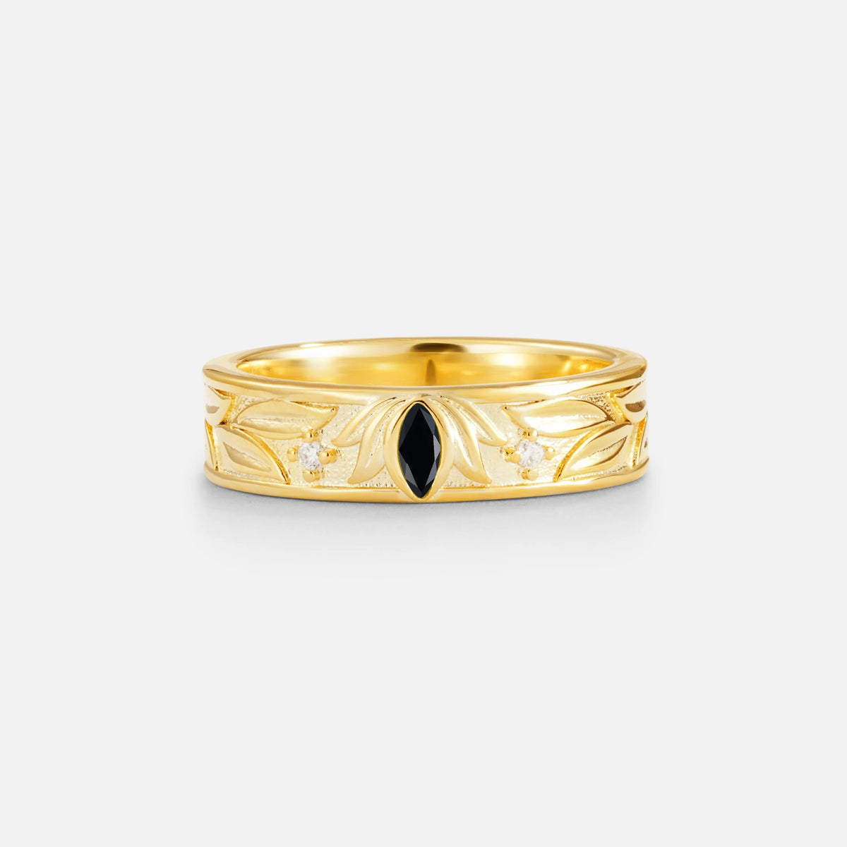 Marquise Cut Black Onyx Leaf Engraved Men’s Wedding Band - Additional view