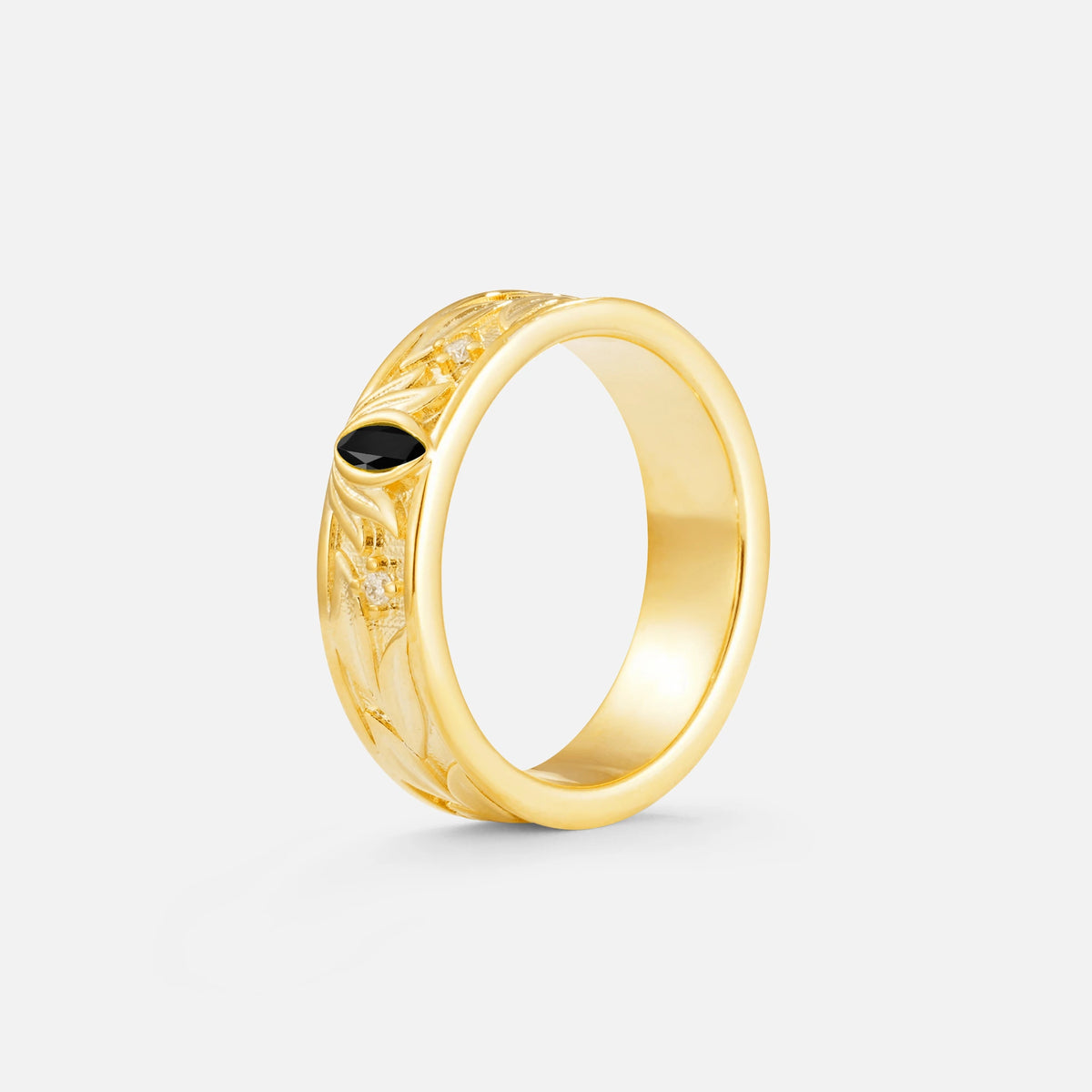 Marquise Cut Black Onyx Leaf Engraved Men’s Wedding Band - Additional view