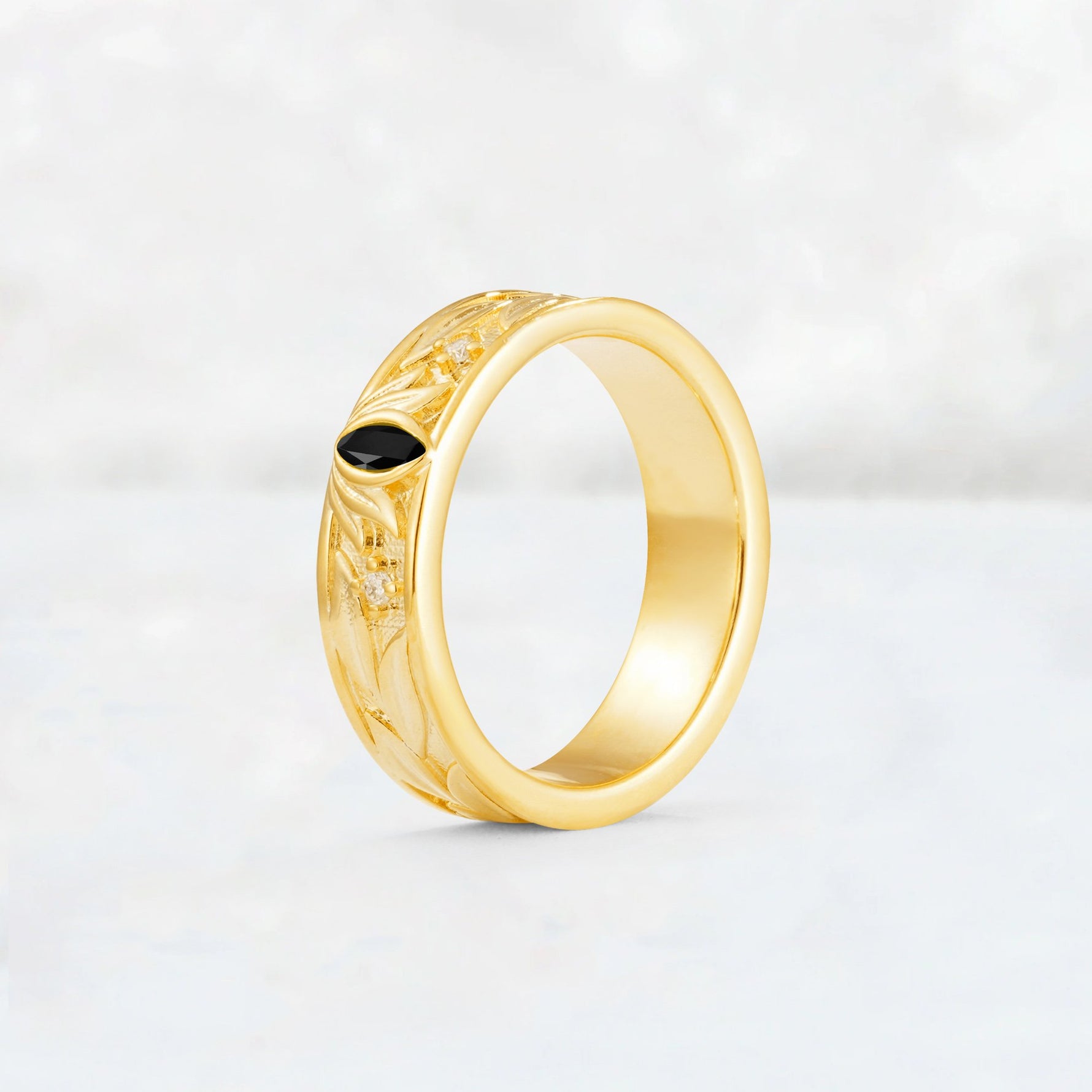 Marquise Cut Black Onyx Leaf Engraved Men’s Wedding Band - Additional view