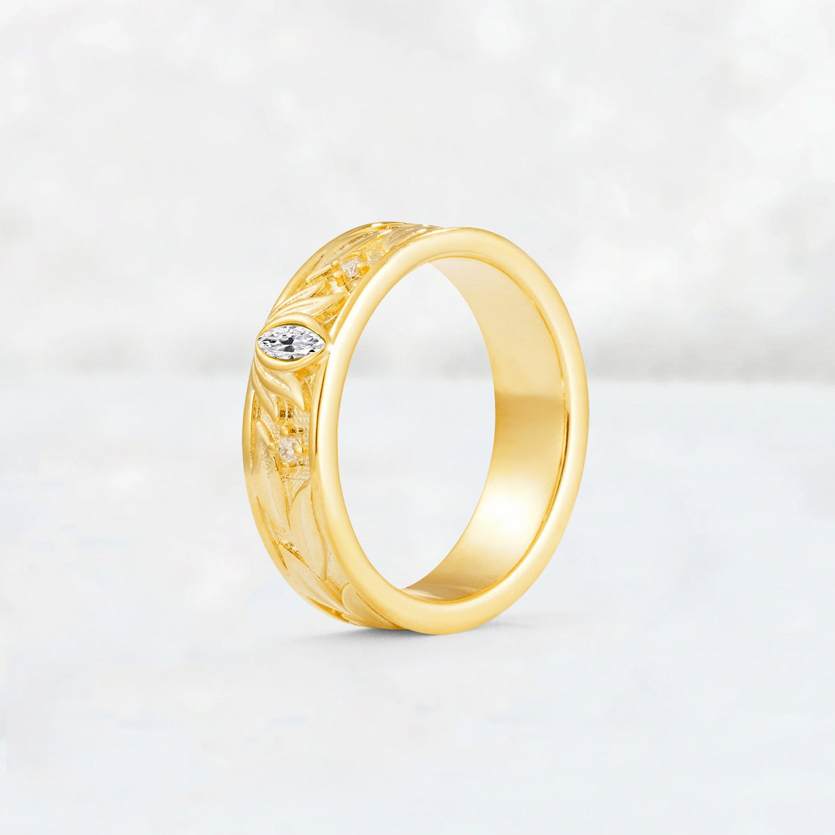 Marquise Cut Lab Diamond Leaf Engraved Men’s Wedding Band - Additional view