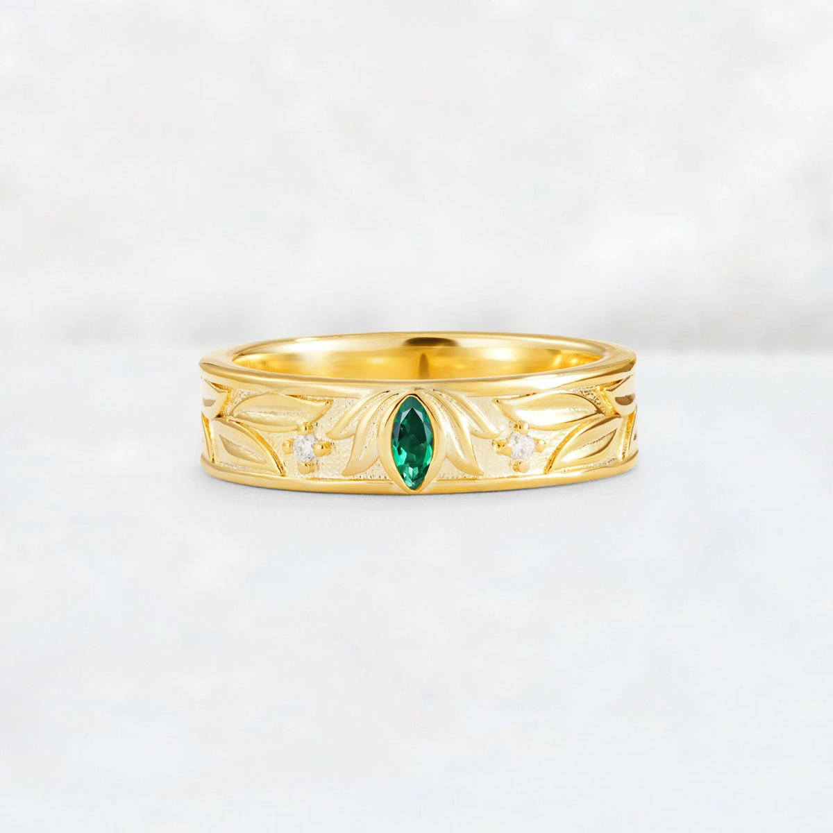 Marquise Cut Emerald Leaf Engraved Men’s Wedding Band - Additional view