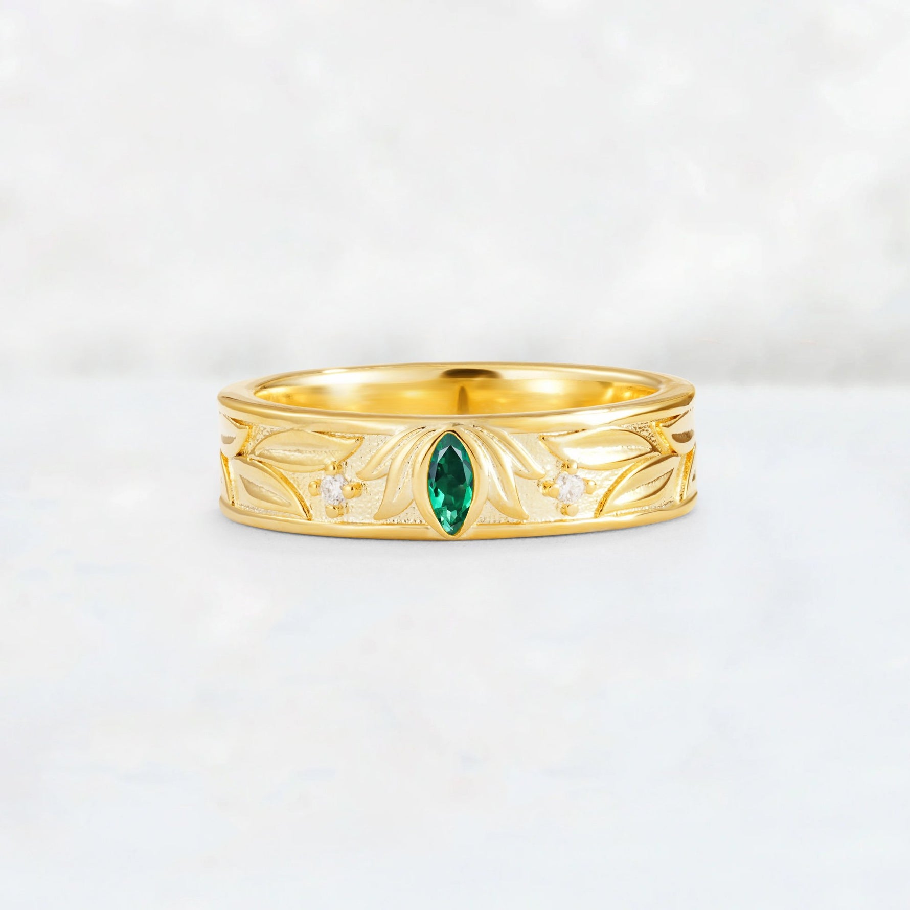 Marquise Cut Emerald Leaf Engraved Men’s Wedding Band - Additional view