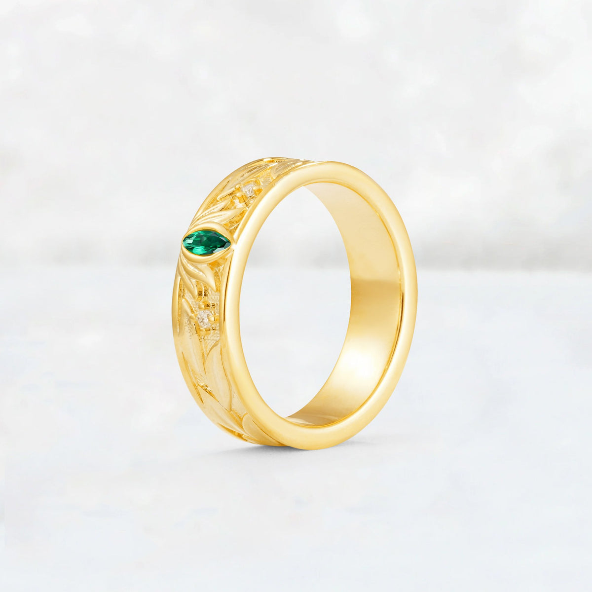 Marquise Cut Emerald Leaf Engraved Men’s Wedding Band - Additional view