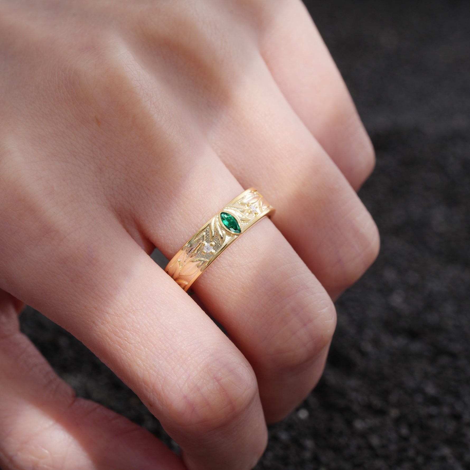 Marquise Cut Emerald Leaf Engraved Men’s Wedding Band - Additional view
