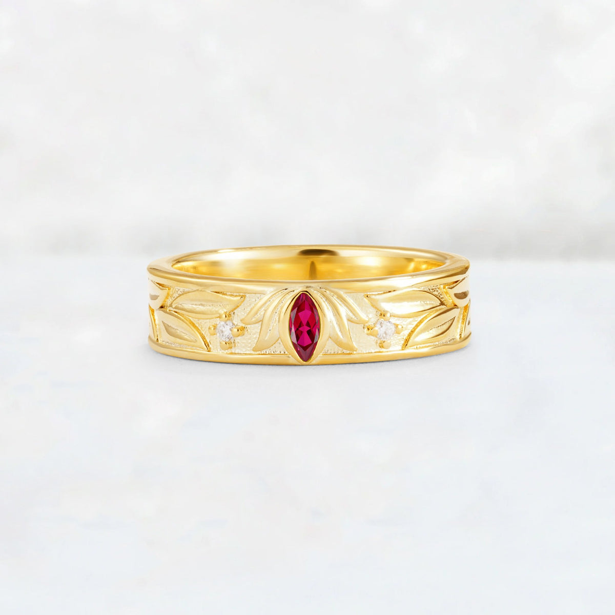 Marquise Cut Ruby Leaf Engraved Men’s Wedding Band - Additional view