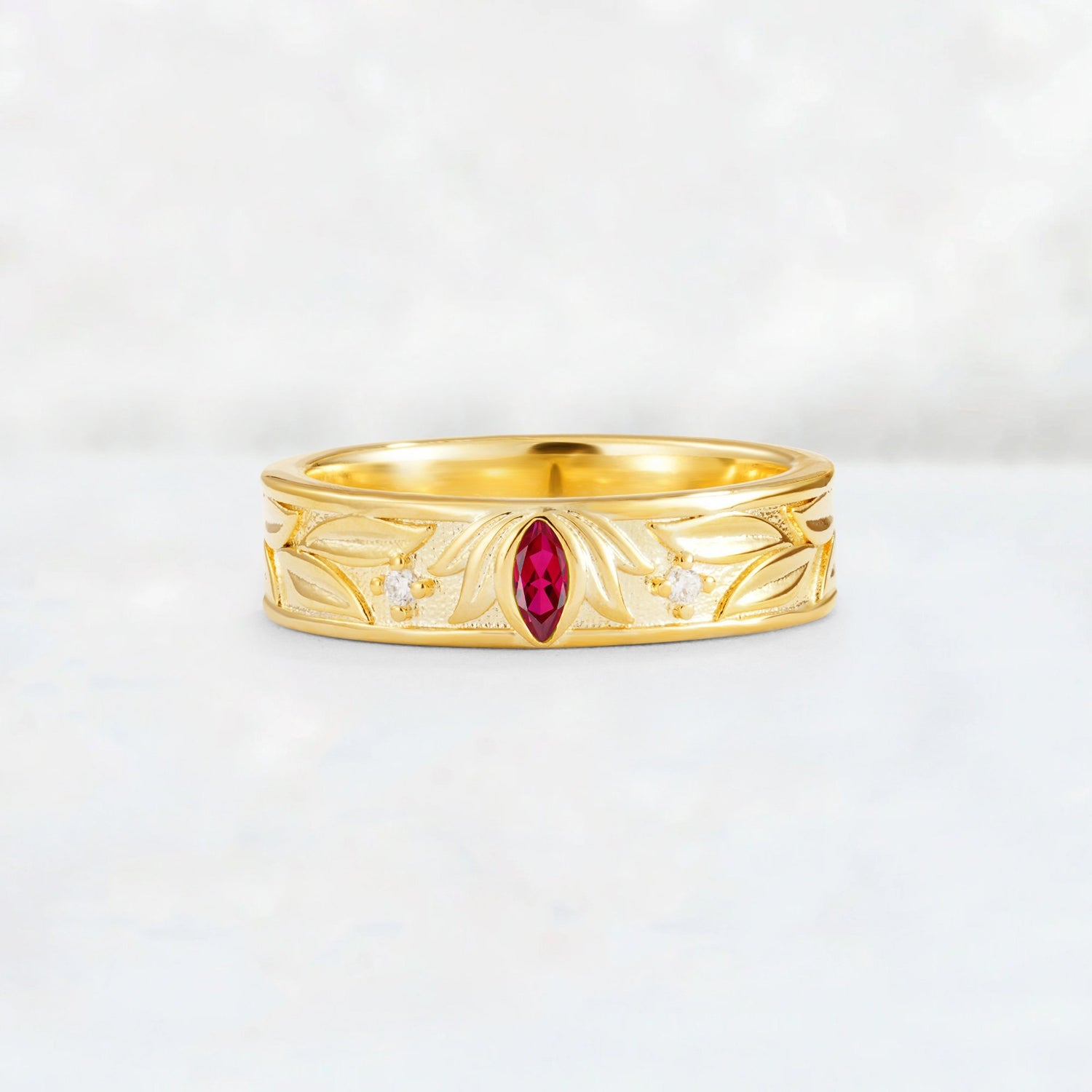Marquise Cut Ruby Leaf Engraved Men’s Wedding Band - Additional view