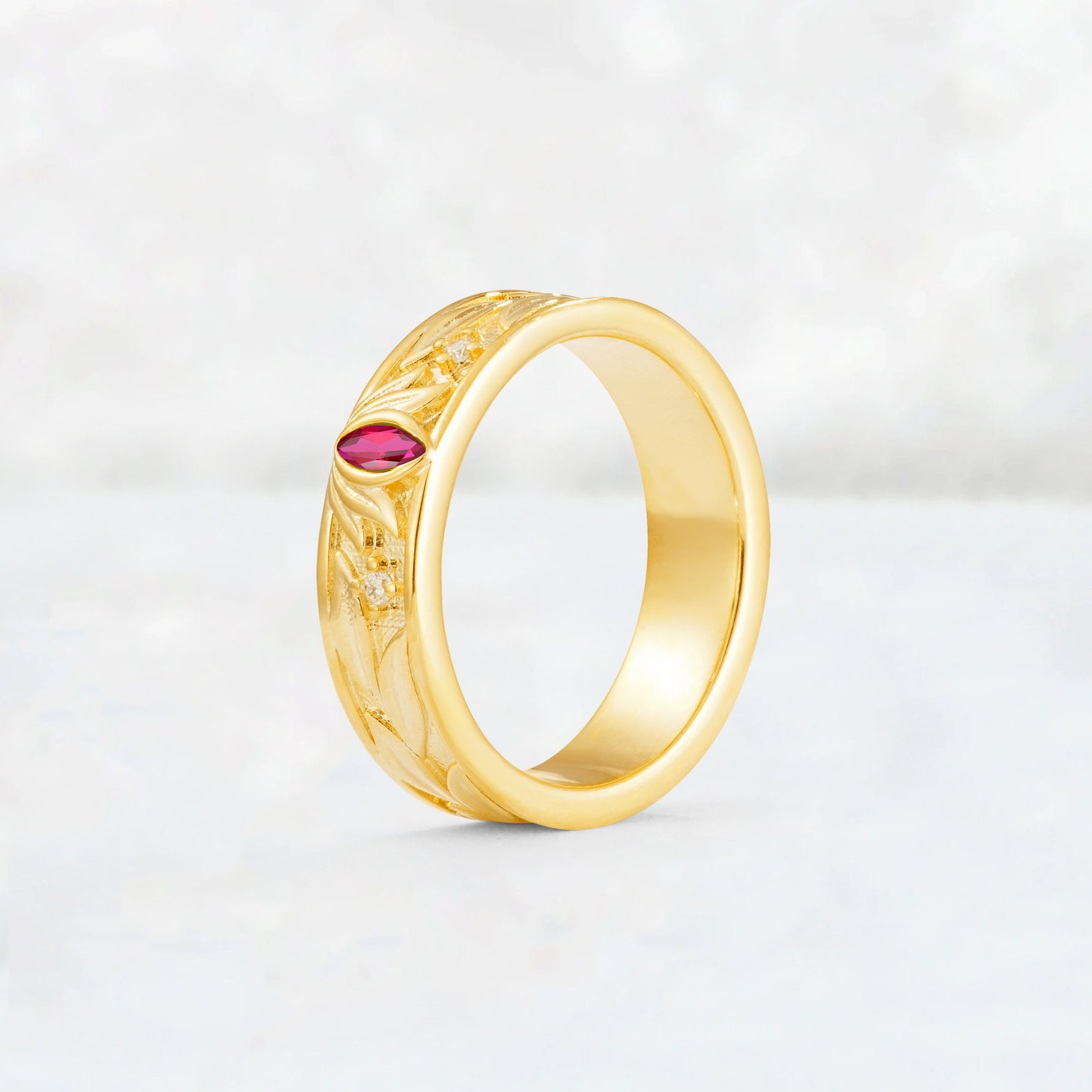 Marquise Cut Ruby Leaf Engraved Men’s Wedding Band - Additional view
