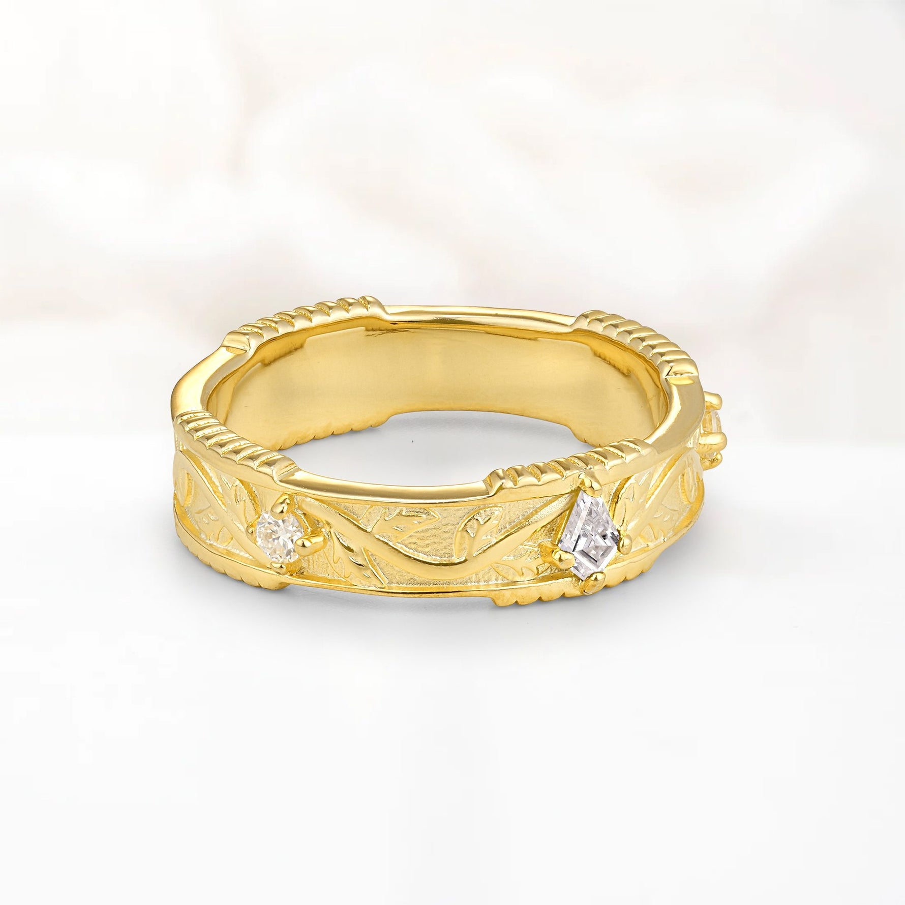Kite Cut Moissanite Leaf Vine Nature-Inspired Men’s Wedding Band - Additional view