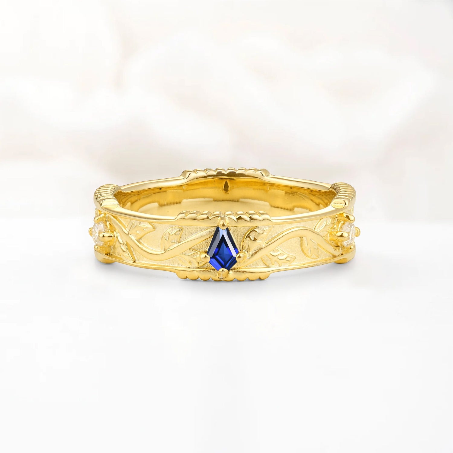 Kite Cut Sapphire Leaf Vine Nature-Inspired Men’s Wedding Band - Additional view