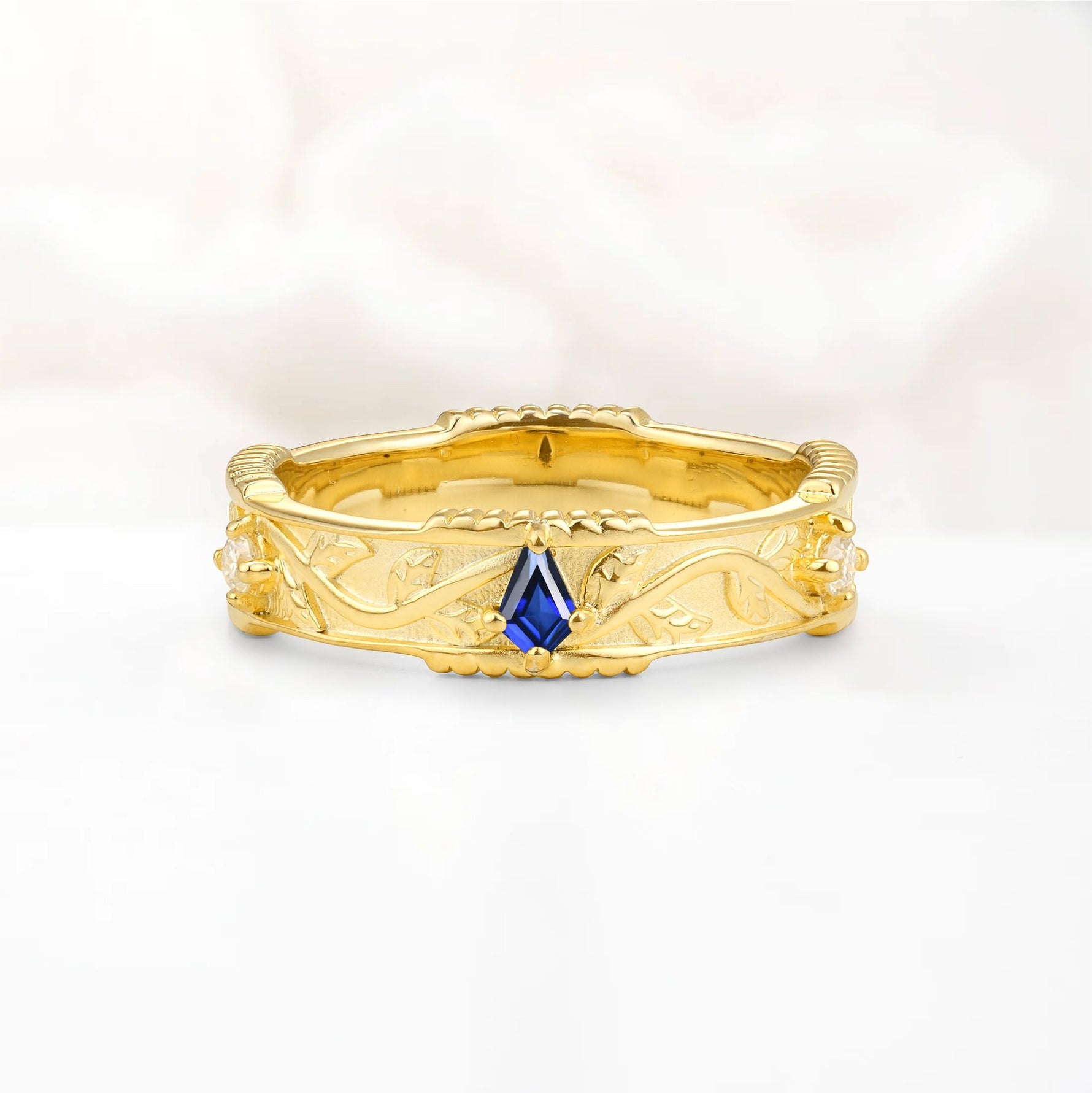 Kite Cut Sapphire Leaf Vine Nature-Inspired Men’s Wedding Band - Additional view