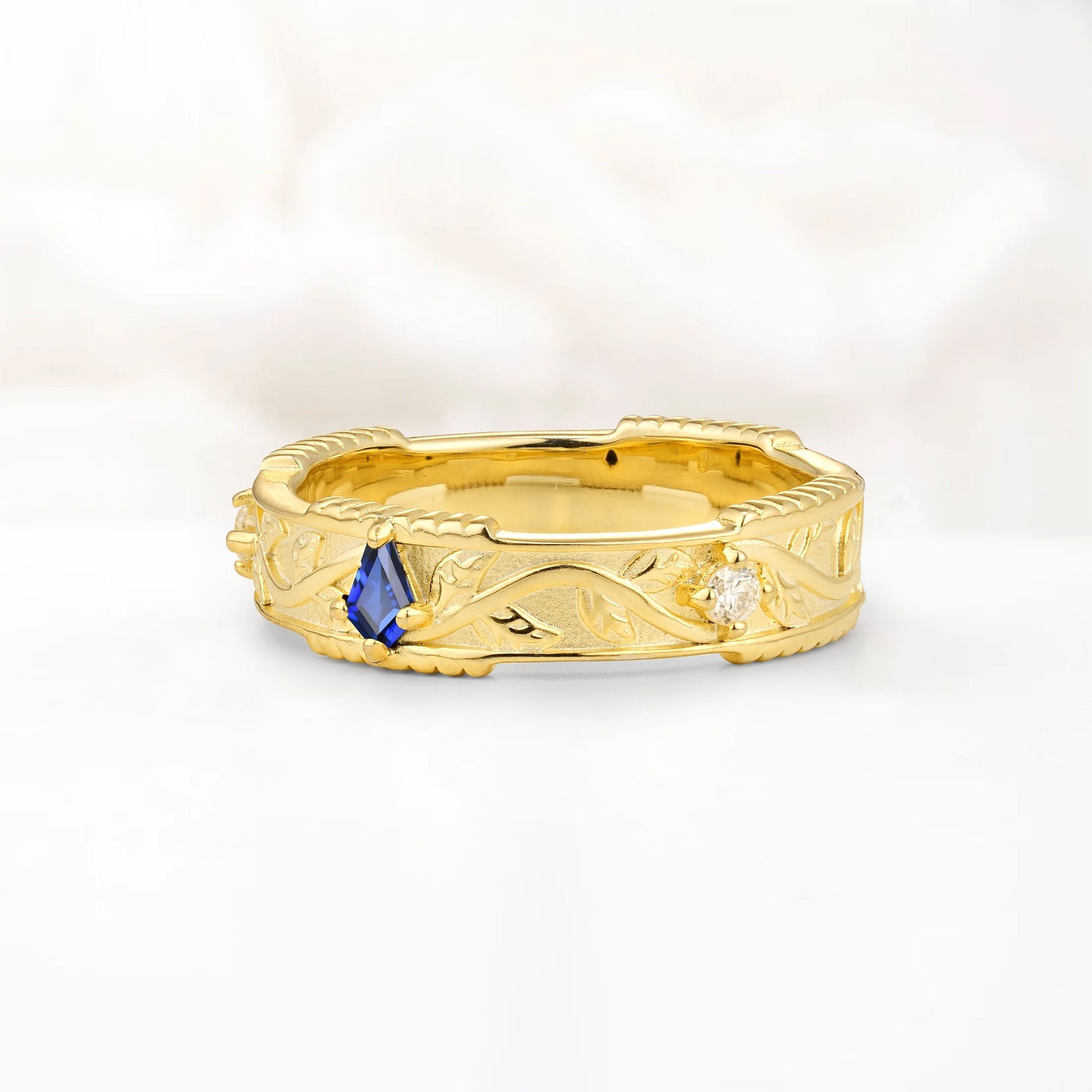 Kite Cut Sapphire Leaf Vine Nature-Inspired Men’s Wedding Band - Additional view